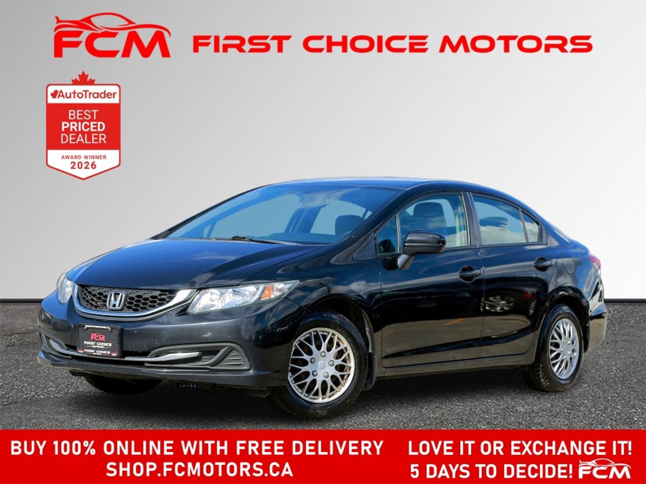 ** ** SPECIAL LIMITED TIME OFFER ** ** PURCHASE ANY VEHICLE THIS WEEK AND RECEIVE 4 BRAND-NEW ALL-SEASON TIRES AT NO ADDITIONAL COST!!! DON   T MISS THIS EXCLUSIVE CHANCE TO UPGRADE YOUR RIDE AND STAY PREPARED FOR ANY WEATHER!!! <br><br>EXCITING NEWS FROM FIRST CHOICE MOTORS! Our brand-new online showroom is now open to the public, bringing the ultimate car shopping experience right to your fingertips! Enjoy a 100% online car shopping experience, with over 500 certified vehicles in stock, comprehensive protection plans, and thousands of new auto parts & accessories available! Plus, for a limited time, were offering FREE deliveries across Ontario on all vehicle purchases! Dont miss out   visit Shop.fcmotors.ca to find and upgrade your perfect vehicle today!<br><br>Welcome to First Choice Motors, the largest car dealership in Toronto of pre-owned cars, SUVs, and vans priced between $5000-$15,000. With an impressive inventory of over 300 vehicles in stock, we are dedicated to providing our customers with a vast selection of affordable and reliable options. <br><br>Were thrilled to offer a used 2015 Honda Civic LX, black color with 225,000km (STK#10044) This vehicle was $9990 NOW ON SALE FOR $8990. It is equipped with the following features:<br>- Automatic Transmission<br>- Heated seats<br>- Bluetooth<br>- Reverse camera<br>- Power windows<br>- Power locks<br>- Power mirrors<br>- Air Conditioning<br><br>At First Choice Motors, we believe in providing quality vehicles that our customers can depend on. All our vehicles come with a 36-day guarantee on all safety related items. We also offer additional warranty options up to 5 years for our customers who want extra peace of mind.<br><br>Furthermore, all our vehicles are sold fully certified with brand new brakes rotors and pads, a fresh oil change, and brand new set of all-season tires installed & balanced. You can be confident that this car is in excellent condition and ready to hit the road.<br><br>At First Choice Motors, we believe that everyone deserves a chance to own a reliable and affordable vehicle. Thats why we offer financing options with low interest rates starting at 7.9% O.A.C. Were proud to approve all customers, including those with bad credit, no credit, students, and even 9 socials. Our finance team is dedicated to finding the best financing option for you and making the car buying process as smooth and stress-free as possible.<br><br>Our dealership is open 7 days a week to provide you with the best customer service possible. We carry the largest selection of used vehicles for sale under $9990 in all of Ontario. We stock over 300 cars, mostly Hyundai, Chevrolet, Mazda, Honda, Volkswagen, Toyota, Ford, Dodge, Kia, Mitsubishi, Acura, Lexus, and more. With our ongoing sale, you can find your dream car at a price you can afford. Come visit us today and experience why we are the best choice for your next used car purchase!<br><br>All prices include $22.00 OMVIC Fee.  Excludes, license plates, ownership registration and ONTARIO HST (13%)<br>*No Credit Card payments can be accepted for Vehicle Purchases*