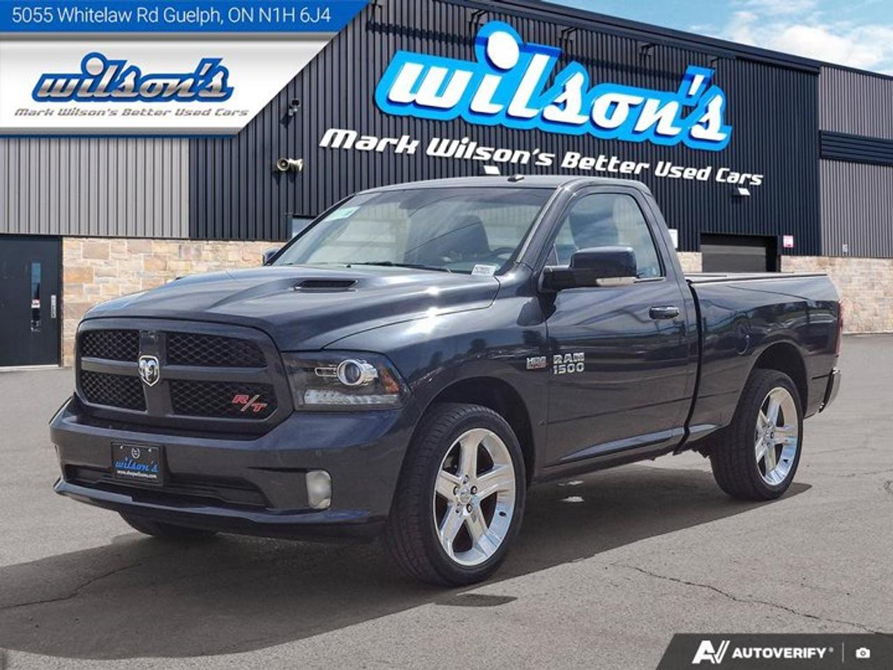 Check out this certified 2017 Ram 1500 Sport R/T Hemi | Bucket Seats | Short Bed | 22 Alloys | Sport Hood | . Its Automatic transmission and 5.7 L engine will keep you going. This Ram 1500 comes equipped with these options: Air Conditioning, Tilt Steering Wheel, Steering Radio Controls, Power Windows, Power Locks, Traction Control, Power Mirrors, Alloy Wheels, TRANSMISSION: 8-SPEED TORQUEFLITE AUTOMATIC (DFK) (STD), and SPRAY-IN BEDLINER. See it for yourself at Mark Wilsons Better Used Cars, 5055 Whitelaw Road, Guelph, ON N1H 6J4.MASSIVE SELECTION: 500+ vehicles in ONE LOCATION, all Live Market Priced for the best value!STRAIGHTFORWARD & TRANSPARENT PRICING: Our Advertised Price INCLUDES:Safety Certification! (No separate certification fee upcharge).FREE Carfax History Report!NO upcharge for paying cash!CONFIDENCE & PEACE OF MIND: 30-Day/3,000 km Warranty INCLUDED! Plus a 5-Day Exchange Privilege!*EASY FINANCING: Better-than-bank rates, $0 Down, and 3 Months No Payments available OAC. BAD CREDIT APPROVED HERE!WE BUY CARS: Get Top Dollar for your trade, or sell us your vehicle for CASH even if you dont buy ours!www.shopwilsons.comAn Honest, Transparent Buying Experience. Trusted in business since 1961!(Cash Prices Exclude HST and Licensing Fees only.)
