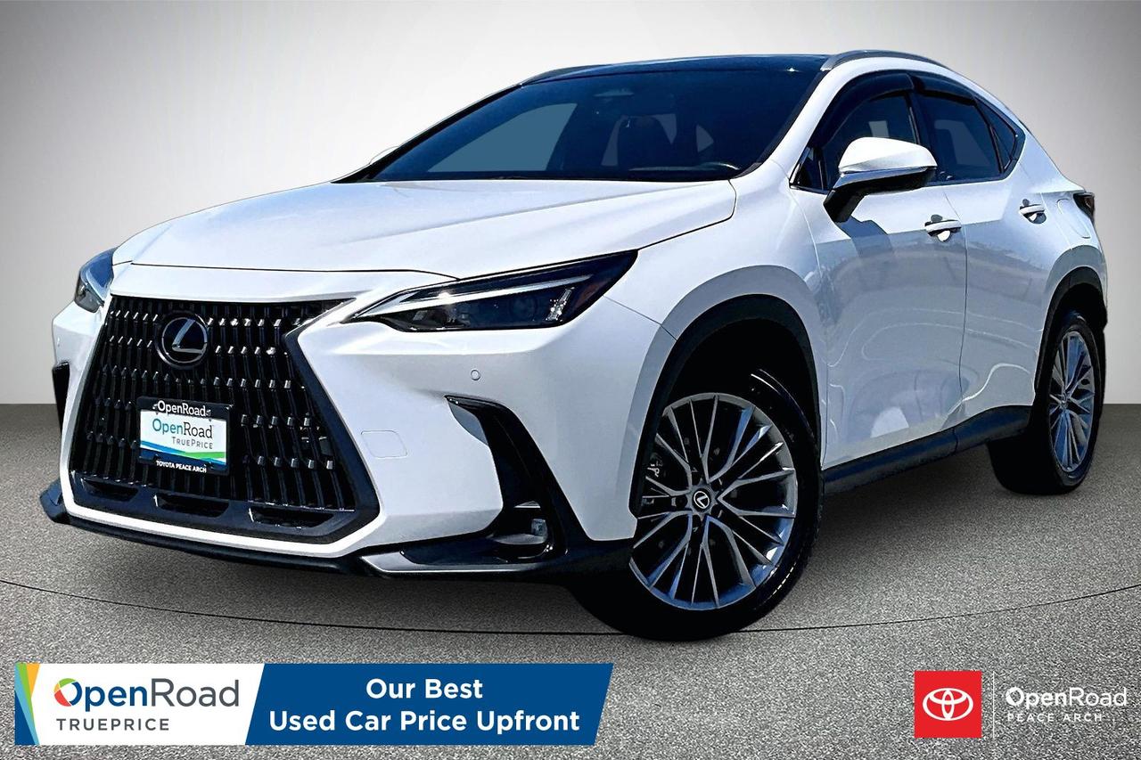 2024 Lexus NX 350h is a compact luxury hybrid SUV featuring a 2.5-litre four-cylinder engine paired with electric motors for combined efficiency and smooth performance. It uses all-wheel drive and an electronic continuously variable transmission. The cabin offers premium materials, heated front seats, dual-zone climate control, and a large touchscreen infotainment system with smartphone integration. Safety features include adaptive cruise control, lane tracing assist, blind spot monitoring, and automatic emergency braking. Fuel efficiency is a key strength, with low consumption for its class. The ride is comfortable, with balanced handling suited to city and highway driving and quiet refinement included  Have confidence with your OpenRoad purchase! Every OpenRoad Certified Pre-Owned vehicle comes fully reconditioned and complete with a comprehensive 153 point mechanical inspection, a CarFax history & lien report, a 3-Day Money Back Guarantee, a 30-Day/2,000 kms Exchange Policy, a 90-Day/5,000 kms Powertrain Warranty, guaranteed clear title, and membership to our exclusive Club OpenRoad! As a proud member of the OpenRoad Auto Group, a trusted name since 2000 serving the Lower mainland (including White Rock, Surrey, Langley, Maple Ridge, Delta, Richmond, Mission and beyond) with outstanding Toyota vehicles, Toyota parts, and Toyota service since 1966! OpenRoad Toyota Peace Arch is a &ldquo;True Price&rdquo; dealer, meaning no inflated prices, and no need for back and forth haggling! We use up to the minute technology offering LIVE MARKET VALUE PRICING to ensure you are receiving the most competitive price possible on all of our Pre-Owned vehicles!  All advertised vehicle prices do not include our $699 documentation fee.