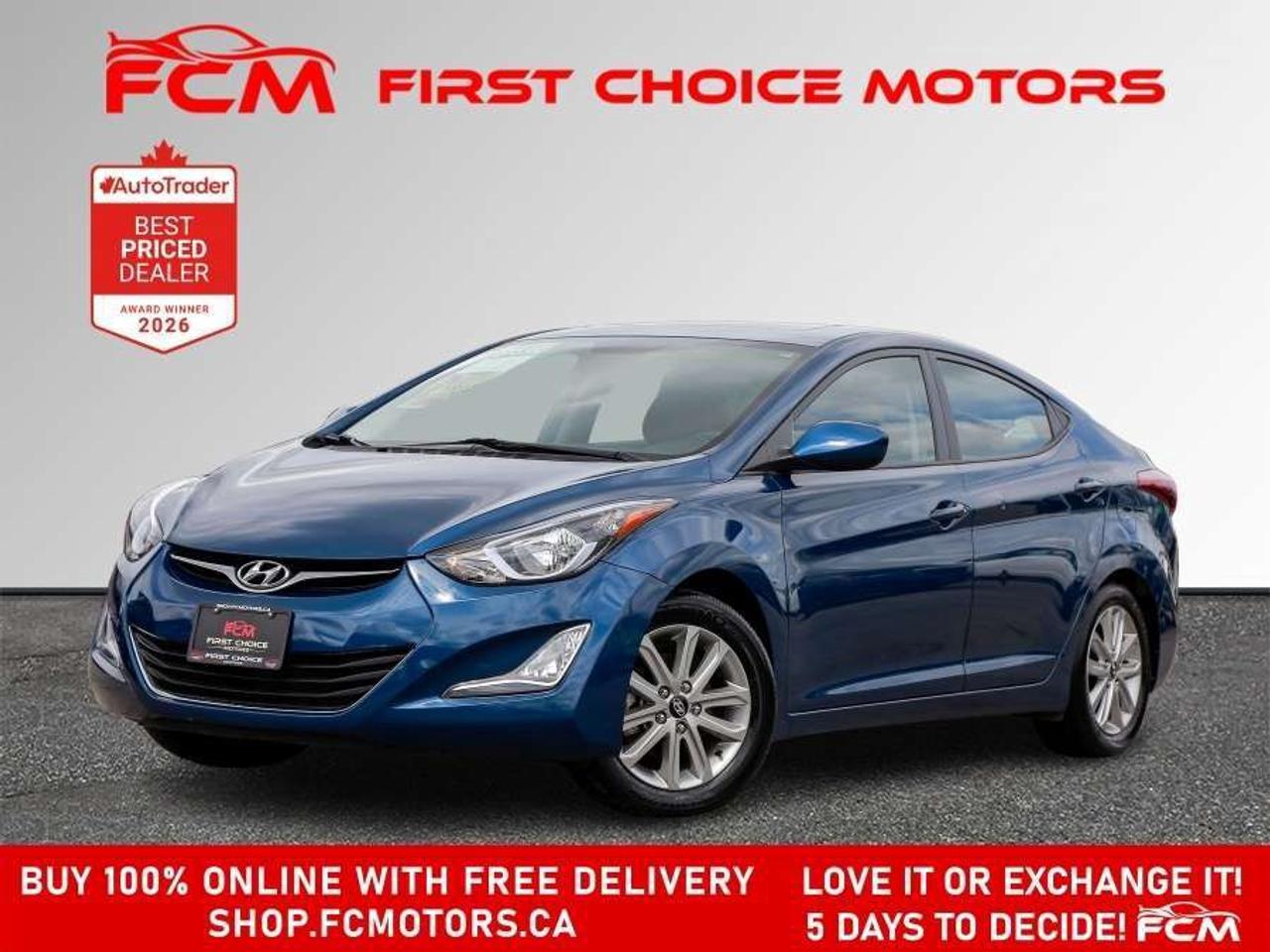 ** ** SPECIAL LIMITED TIME OFFER ** ** PURCHASE ANY VEHICLE THIS WEEK AND RECEIVE 4 BRAND-NEW ALL-SEASON TIRES AT NO ADDITIONAL COST!!! DONT MISS THIS EXCLUSIVE CHANCE TO UPGRADE YOUR RIDE AND STAY PREPARED FOR ANY WEATHER!!!       EXCITING NEWS FROM FIRST CHOICE MOTORS! Our brand-new online showroom is now open to the public, bringing the ultimate car shopping experience right to your fingertips! Enjoy a 100% online car shopping experience, with over 500 certified vehicles in stock, comprehensive protection plans, and thousands of new auto parts & accessories available! Plus, for a limited time, were offering FREE deliveries across Ontario on all vehicle purchases! Dont miss outvisit Shop.fcmotors.ca to find and upgrade your perfect vehicle today!      Welcome to First Choice Motors, the largest car dealership in Toronto of pre-owned cars, SUVs, and vans priced between $5000-$15,000. With an impressive inventory of over 300 vehicles in stock, we are dedicated to providing our customers with a vast selection of affordable and reliable options.       Were thrilled to offer a used 2015 Hyundai Elantra SE, blue color with 29,000km (STK#9984) This vehicle was $13990 NOW ON SALE FOR $12990. It is equipped with the following features:   - Automatic Transmission   - Sunroof   - Heated seats   - Bluetooth   - Alloy wheels   - Power windows   - Power locks   - Power mirrors   - Air Conditioning      At First Choice Motors, we believe in providing quality vehicles that our customers can depend on. All our vehicles come with a 36-day guarantee on all safety related items. We also offer additional warranty options up to 5 years for our customers who want extra peace of mind.      Furthermore, all our vehicles are sold fully certified with brand new brakes rotors and pads, a fresh oil change, and brand new set of all-season tires installed & balanced. You can be confident that this car is in excellent condition and ready to hit the road.      At First Choice Motors, we believe that everyone deserves a chance to own a reliable and affordable vehicle. Thats why we offer financing options with low interest rates starting at 7.9% O.A.C. Were proud to approve all customers, including those with bad credit, no credit, students, and even 9 socials. Our finance team is dedicated to finding the best financing option for you and making the car buying process as smooth and stress-free as possible.      Our dealership is open 7 days a week to provide you with the best customer service possible. We carry the largest selection of used vehicles for sale under $9990 in all of Ontario. We stock over 300 cars, mostly Hyundai, Chevrolet, Mazda, Honda, Volkswagen, Toyota, Ford, Dodge, Kia, Mitsubishi, Acura, Lexus, and more. With our ongoing sale, you can find your dream car at a price you can afford. Come visit us today and experience why we are the best choice for your next used car purchase!      All prices include $22.00 OMVIC Fee.  Excludes, license plates, ownership registration and ONTARIO HST (13%)   *No Credit Card payments can be accepted for Vehicle Purchases*    *No Credit Card payments can be accepted for Vehicle Purchases*