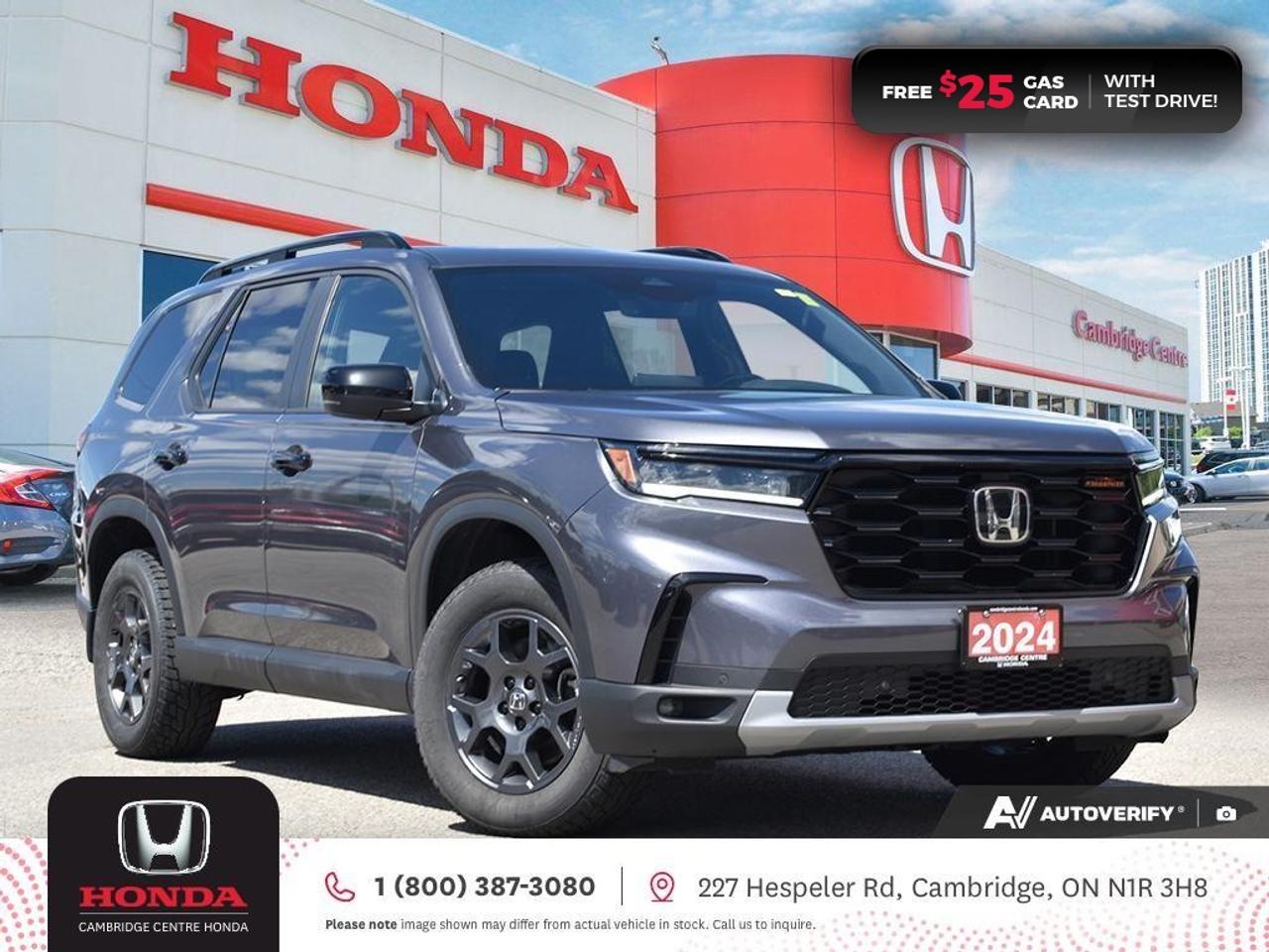 <p><span style=color:rgb( 0 , 0 , 0 )><strong>GREAT FAMILY-FRIENDLY SUV! IN EXCELLENT SHAPE! CLEAN CARFAX HISTORY!</strong></span></p><p><span style=color:rgb( 0 , 0 , 0 )>2024 Honda Pilot TrailSport featuring ten speed automatic transmission, eight passenger seating, power sunroof, idle stop, Apple CarPlay and Android Auto connectivity, ECON mode, Bluetooth, AM/FM audio system with two USB inputs, GPS navigation, SiriusXM satellite radio, steering wheel mounted controls, cruise control, air conditioning, dual climate zones, heated seats, 12V power outlet, remote engine starter, proximity key entry, push button start, power mirrors, power locks, power windows, Anchors and Tethers for Children (LATCH), rear parking sensors,The Honda Sensing Technologies - Adaptive Cruise Control, Forward Collision Warning system, Collision Mitigation Braking system, Lane Departure Warning system, Lane Keeping Assist system, Blind Spot Information System and Road Departure Mitigation system, remote keyless entry, daytime running lights, LED headlights, electronic stability control and anti-lock braking system.Contact Cambridge Centre Honda for special discounted finance rates, as low as 8.99% on approved credit.</span></p><p><span style=color:rgb( 255 , 0 , 0 )><strong>FREE $25 GAS CARD WITH TEST DRIVE!</strong></span></p><p><span style=color:rgb( 0 , 0 , 0 )>Our philosophy is simple. We believe that buying and owning a car should be easy, enjoyable and transparent. Welcome to the Cambridge Centre Honda Family! Cambridge Centre Honda proudly serves customers from Cambridge, Kitchener, Waterloo, Brantford, Hamilton, Waterford, Brant, Woodstock, Paris, Branchton, Preston, Hespeler, Galt, Puslinch, Morriston, Roseville, Plattsville, New Hamburg, Baden, Tavistock, Stratford, Wellesley, St. Clements, St. Jacobs, Elmira, Breslau, Guelph, Fergus, Elora, Rockwood, Halton Hills, Georgetown, Milton and all across Ontario!</span></p>