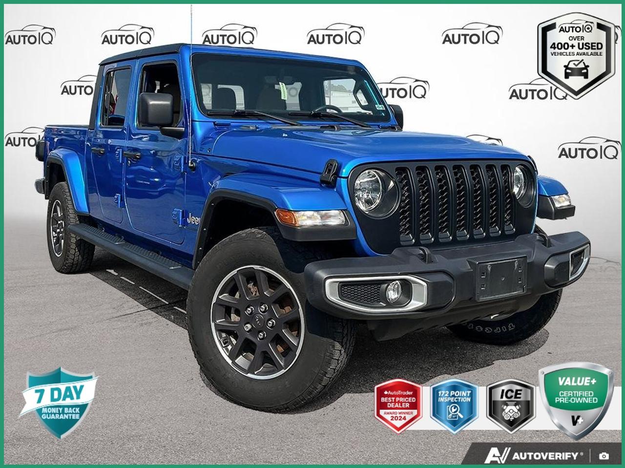 Recent Arrival!<br><br><br>240-Amp Alternator, Class IV Hitch Receiver, Cold Weather Group (DISC), Front Heated Seats, Heated Steering Wheel, Heavy-Duty Engine Cooling, Leather-Wrapped Steering Wheel, Quick Order Package 24G Overland (DISC), Remote Start System, Trailer Hitch Zoom, Trailer Tow Package.<br><br>Hydro Blue Pearlcoat<br>2023 Jeep Gladiator Overland Tow Pkg | One Owner | No Accidents 4D Crew Cab<br>Pentastar 3.6L V6 VVT 8-Speed Automatic<br>4WD<br><br>Certification Program Details:<br><br>VALUE+ CERTIFIED PRE-OWNED VEHICLE<br><br>36-point Provincial Safety Inspection<br>172-point inspection combined mechanical, aesthetic, functional inspection including a vehicle report card<br>Warranty: 30 Days or 1500 KMS on mechanical safety-related items and extended plans are available<br>Complimentary CARFAX Vehicle History Report<br>2X Provincial safety standard for tire tread depth<br>2X Provincial safety standard for brake pad thickness<br>7 Day Money Back Guarantee*<br>Market Value Report provided<br>Complimentary 3 months SIRIUS XM satellite radio subscription on equipped vehicles<br>Complimentary wash and vacuum<br>Vehicle scanned for open recall notifications from manufacturer<p> </p>

<h4>VALUE+ CERTIFIED PRE-OWNED VEHICLE</h4>

<p>
- 36-point Provincial Safety Inspection<br>
- 172-point inspection combined mechanical, aesthetic, functional inspection including a vehicle report card<br>
- Warranty: 30 Days or 1500 KMS on mechanical safety-related items and extended plans are available<br>
- Complimentary CARFAX Vehicle History Report<br>
- 2X Provincial safety standard for tire tread depth<br>
- 2X Provincial safety standard for brake pad thickness<br>
- 7 Day Money Back Guarantee*<br>
- Market Value Report provided<br>
- Complimentary 3 months SIRIUS XM satellite radio subscription on equipped vehicles<br>
- Complimentary wash and vacuum<br>
- Vehicle scanned for open recall notifications from manufacturer
</p>

<p>SPECIAL NOTE: This vehicle is reserved for AutoIQs retail customers only. Please, No dealer calls. Errors & omissions excepted.</p>

<p>*As-traded, specialty or high-performance vehicles are excluded from the 7-Day Money Back Guarantee Program (including, but not limited to Ford Shelby, Ford mustang GT, Ford Raptor, Chevrolet Corvette, Camaro 2SS, Camaro ZL1, V-Series Cadillac, Dodge/Jeep SRT, Hyundai N Line, all electric models)</p>