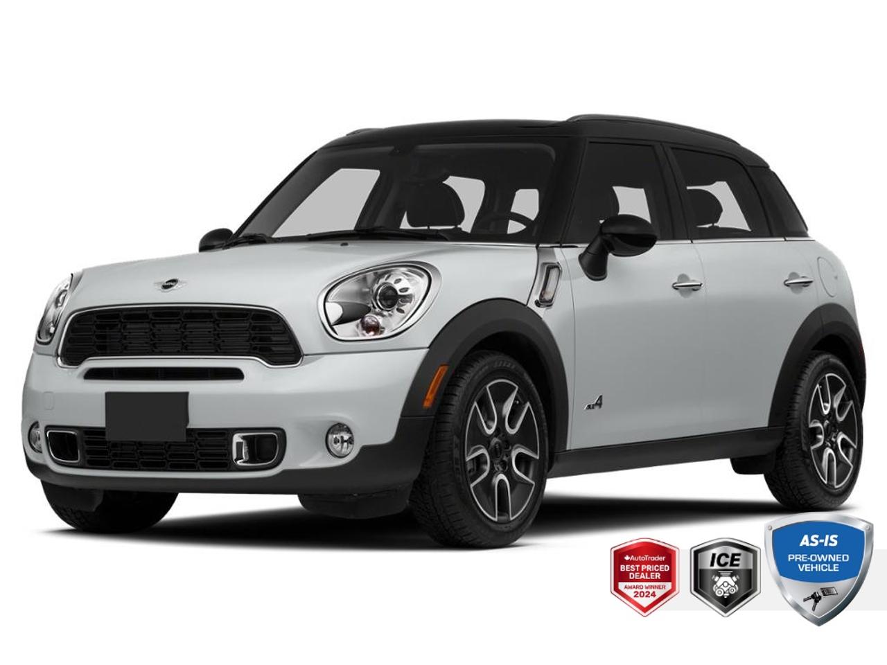 Recent Arrival!<br><br>A MUST SEE AND DRIVE!<br>No Accidents, DETAILED, OIL CHANGE, AWD, 3.71 Axle Ratio, 4-Wheel Independent Suspension, 6 Speakers, Alloy wheels, Auto-Dimming Interior Mirror, Automatic Climate Control, Carbon Black Interior Colour, CD player, Dual front impact airbags, Dual front side impact airbags, Four wheel independent suspension, Front anti-roll bar, Front Bucket Seats, Front Centre Armrest, Front Fog Lights, Glass Sunroof, Heated Front Seats, Illuminated entry, Knee airbag, Leatherette Upholstery, Low tire pressure warning, Media Connect, Occupant sensing airbag, Overhead airbag, Premium Package, Radio data system, Radio: Anti-Theft AM/FM Stereo Audio System w/RDS, Rain Sensor w/Auto Headlamps, Rear anti-roll bar, Satellite Radio Pre-Wire, Speed-Sensitive Wipers, Split folding rear seat, Variably intermittent wipers, Wheels: 17 x 7.0 5-Star Double Spoke Black Alloy.<br><br>Light White<br>MANUAL TRANSMISSION | HEATED SEATS | SUNROOF | NEW DEALER INSTALLED CLUTCH 2014 MINI Cooper S Countryman Base  1.6L I4 DOHC 16V Twin Scroll Turbo<br>Getrag 6-Speed Manual with Overdrive<br>AWD<br><br>Awards:<br>  * JD Power Automotive Performance, Execution and Layout (APEAL) Study   * 2014 IIHS Top Safety Pick   * 2014 KBB.com Brand Image Awards<br><br><br>Reviews:<br>  * Sharp handling for a crossover; impressive rear-seat room; fuel-efficient engines; zippy performance from S and JCW models; highly customizable. Source: Edmunds<br>  * You buy a Mini for the distinctive style, engaging personality and driving pleasure. Want a Mini but need more room? Take a look at the 4-door SUV Countryman or the 2-door sporty Paceman and consider joining the growing numbers of fun-loving Mini owners. Source: KBB.com<p> </p>

<h4>AS-IS PRE-OWNED VEHICLE</h4>

<p>This vehicle is part of our AS-TRADED inventory. Instead of sending this recent trade-in to a dealer auction, we are offering it to our retail customers first. This is a unique opportunity to purchase a vehicle exactly as it arrived.</p>

<p>The Wholesale Advantage:</p>

<p>
- Unbeatable Pricing: Priced 30-50%<strong> </strong>below typical market value because we have not added any reconditioning costs.<br>
- Raw & Uninspected: We have not performed a mechanical inspection. You are purchasing the vehicle in its original, untouched condition.<br>
- Mechanics Special: Ideal for DIY buyers or those with their own service connections who want to handle the work themselves.<br>
- Direct Access: You get the first opportunity to buy this local trade-in before it is offered to wholesalers.
</p>

<p><em>See below for mandatory As-Is disclosure.</em></p>

<p>This vehicle is being sold AS-IS, unfit, not e-tested, and is not represented as being in roadworthy condition, mechanically sound or maintained at any guaranteed level of quality. The vehicle may not be fit for use as a means of transportation and may require substantial repairs at the purchasers expense. It may not be possible to register the vehicle to be driven in its current condition. This vehicle does not qualify for AutoIQs 7-Day Money Back Guarantee</p>

<p>The buyer of this vehicle will be responsible for all costs associated with passing a Ministry of Transportation Safety Inspection, which is needed to license a vehicle in the Province of Ontario. We are offering this vehicle at a reduced price, as the buyer will be responsible for all costs associated with making this vehicle roadworthy. We have not inspected this vehicle mechanically and do not know what repairs/costs are involved in getting it roadworthy. It may or may not have mechanical, cosmetic, safety and/or emissions issues. By allowing you to choose where and how you want the certifications completed, you have an opportunity to save money!</p>

<p>SPECIAL NOTE: This vehicle is reserved for AutoIQs retail customers only. Please, no dealer calls. Errors and omissions excepted.</p>

<p>*As-traded, specialty or high-performance vehicles are excluded from the 7-Day Money Back Guarantee Program (including, but not limited to Ford Shelby, Ford mustang GT, Ford Raptor, Chevrolet Corvette, Camaro 2SS, Camaro ZL1, V-Series Cadillac, Dodge/Jeep SRT, Hyundai N Line, all electric models)</p>