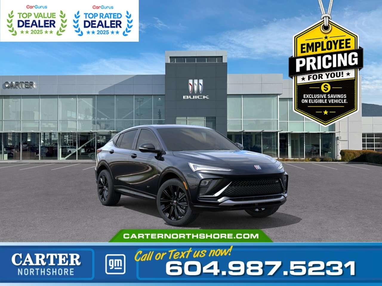 <b>GREAT NEWS EMPLOYEE PRICING IS BACK!</b> Take advantage of exclusive Employee Pricing on eligible new vehicles and enjoy exceptional value for a limited time. This is your opportunity to save on the vehicle youve been waiting for while inventory lasts. Contact us today to confirm your eligibility and discover the available offers on your preferred model. Turn heads wherever you go in the 2026 Buick Envista. Finished in stunning Ebony Twilight Metallic, this sleek crossover blends sporty styling with everyday comfort. Enjoy features like a power moonroof, heated front seats and steering wheel, adaptive cruise control, wireless Apple CarPlay and Android Auto, remote start, and 19-inch black aluminum wheels. Advanced safety technologies help keep you confident on every drive, while the efficient turbocharged engine delivers a smooth ride. Come take it for a test drive today and experience all this stylish vehicle has to offer! <b>WHY CARTER GM NORTHSHORE?</b> - An unrivalled vehicle purchasing experience! - Exceeding our loyal customers expectations since 1990 - 4.7 Google star rating (with 1,700+ customer reviews) - CarGurus Top-Rated Dealer 2025 Award - CarGurus Top Value Dealer 2025 Award - Vehicle trades welcome! Best price guaranteed! - We provide upfront pricing, zero hidden fees, and 100% transparency - Fast approvals and 99% acceptance rates (no matter your current credit status!) - Multilingual staff (many languages spoken) - Comfortable non-pressured environment with in-store television, WIFI and a childrens play area! <p><img src=https://gmtadvantage-com.cdn-convertus.com/uploads/sites/16/2025/09/Carter-GM-Burnaby-Car-Gurus-Awards-2025.png alt="" width="300" height="77" /></p> Were here to help you drive the vehicle you want, the vehicle you deserve! <b>QUESTIONS? GREAT! WEVE GOT ANSWERS!</b> To speak with a friendly vehicle specialist - <b>CALL NOW!</b> <small>The advertised price includes all standard dealer fees and any applicable manufacturer or dealer incentives. It does not include applicable taxes, licensing, insurance, or optional products or services. Dealer fees will be clearly broken out and itemized on the bill of sale, maximum total of fees $699.00. Prices are shown in Canadian dollars. While we make every effort to ensure accuracy, vehicle details, pricing, options, and availability are subject to change without notice. Please confirm all information with dealership sales management before purchase. Dealer Code: 81121</small>