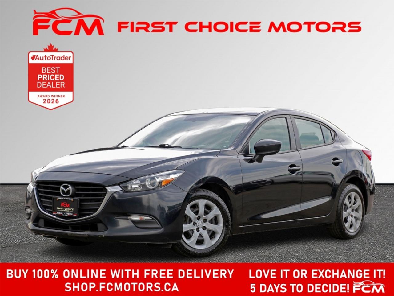 ** ** SPECIAL LIMITED TIME OFFER ** ** PURCHASE ANY VEHICLE THIS WEEK AND RECEIVE 4 BRAND-NEW ALL-SEASON TIRES AT NO ADDITIONAL COST!!! DON   T MISS THIS EXCLUSIVE CHANCE TO UPGRADE YOUR RIDE AND STAY PREPARED FOR ANY WEATHER!!! <br><br>EXCITING NEWS FROM FIRST CHOICE MOTORS! Our brand-new online showroom is now open to the public, bringing the ultimate car shopping experience right to your fingertips! Enjoy a 100% online car shopping experience, with over 500 certified vehicles in stock, comprehensive protection plans, and thousands of new auto parts & accessories available! Plus, for a limited time, were offering FREE deliveries across Ontario on all vehicle purchases! Dont miss out   visit Shop.fcmotors.ca to find and upgrade your perfect vehicle today!<br><br>Welcome to First Choice Motors, the largest car dealership in Toronto of pre-owned cars, SUVs, and vans priced between $5000-$15,000. With an impressive inventory of over 300 vehicles in stock, we are dedicated to providing our customers with a vast selection of affordable and reliable options. <br><br>Were thrilled to offer a used 2017 Mazda MAZDA3 GX Skyactiv, black color with 234,000km (STK#10027) This vehicle was $9990 NOW ON SALE FOR $8990. It is equipped with the following features:<br>- Automatic Transmission<br>- Bluetooth<br>- Reverse camera<br>- Power windows<br>- Power locks<br>- Power mirrors<br>- Air Conditioning<br><br>At First Choice Motors, we believe in providing quality vehicles that our customers can depend on. All our vehicles come with a 36-day guarantee on all safety related items. We also offer additional warranty options up to 5 years for our customers who want extra peace of mind.<br><br>Furthermore, all our vehicles are sold fully certified with brand new brakes rotors and pads, a fresh oil change, and brand new set of all-season tires installed & balanced. You can be confident that this car is in excellent condition and ready to hit the road.<br><br>At First Choice Motors, we believe that everyone deserves a chance to own a reliable and affordable vehicle. Thats why we offer financing options with low interest rates starting at 7.9% O.A.C. Were proud to approve all customers, including those with bad credit, no credit, students, and even 9 socials. Our finance team is dedicated to finding the best financing option for you and making the car buying process as smooth and stress-free as possible.<br><br>Our dealership is open 7 days a week to provide you with the best customer service possible. We carry the largest selection of used vehicles for sale under $9990 in all of Ontario. We stock over 300 cars, mostly Hyundai, Chevrolet, Mazda, Honda, Volkswagen, Toyota, Ford, Dodge, Kia, Mitsubishi, Acura, Lexus, and more. With our ongoing sale, you can find your dream car at a price you can afford. Come visit us today and experience why we are the best choice for your next used car purchase!<br><br>All prices include $22.00 OMVIC Fee.  Excludes, license plates, ownership registration and ONTARIO HST (13%)<br>*No Credit Card payments can be accepted for Vehicle Purchases*