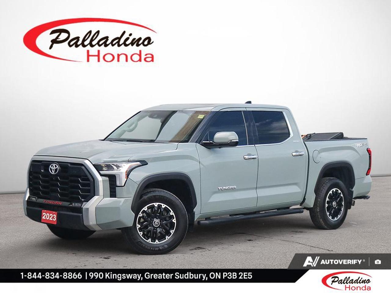 Built to handle hard work and long highway miles, this 2023 Toyota Tundra Limited delivers full-size truck capability with modern refinement. Finished in Grey and offered by Palladino Honda in Greater Sudbury, it shows 116,426 km and benefits from a clean CARFAX Canada report with no accident history.

Under the hood, the 2023 Toyota Tundra Limited uses a 3.5-litre twin-turbocharged V6 engine paired with a 10-speed automatic transmission. With four-wheel drive, this truck is ready for changing Northern Ontario weather, jobsite demands, towing tasks, and confident travel on rougher roads.

FEATURES OF THE Tundra Limited
»» Twin-turbo V6 power for strong response
»» Ten-speed automatic supports smooth highway cruising
»» Four-wheel drive adds year-round confidence
»» Full-size cabin blends utility and comfort

TRUCK FEATURES
»» Tows up to about 4,989 kilograms
»» Four-wheel drive helps on loose surfaces
»» Strong frame supports hauling and towing
»» Pickup bed suits work and weekend

ADVANCED SAFETY FEATURES
»» Toyota Safety Sense driver aids included
»» Pre-collision system helps detect hazards
»» Lane departure alert supports control
»» Blind spot monitoring commonly equipped

PERFORMANCE AND EFFICIENCY
»» 3.5-litre twin-turbo V6 delivers strong torque
»» Ten-speed automatic shifts smoothly under load
»» Four-wheel drive improves all-season traction
»» Stop-start system helps reduce fuel use

COMFORT AND CONVENIENCE
»» Spacious cabin supports long-distance driving comfort
»» Dual-zone climate control aids cabin comfort
»» Large doors help easy entry
»» Crew-friendly layout offers useful rear space

TECHNOLOGY AND CONNECTIVITY
»» Large touchscreen enhances daily usability
»» Bluetooth connectivity supports hands-free communication
»» Multiple USB ports add device convenience
»» Clear driver display keeps information visible

CARGO SPACE
»» Pickup bed handles tools and gear
»» Wide bed opening eases loading
»» Cabin storage helps organize essentials
»» Rear area supports extra personal items

AWARDS & RECOGNITIONS
»» Best Buy Award, The Car Guide, 2023

WHAT OTHER OWNERS LIKE
»» Strong towing confidence for everyday truck duties
»» Smooth power delivery from turbocharged engine
»» Comfortable ride for a full-size pickup
»» Useful balance of work and refinement

The 2023 Toyota Tundra Limited stands out for drivers who need real truck strength without giving up comfort for daily use. Its twin-turbo V6 brings solid pulling power, while the 10-speed automatic helps keep the drive smooth and controlled in town or on the highway.

This used 2023 Toyota Tundra Limited is a smart choice for drivers who want proven capability, four-wheel-drive confidence, and a no-accident CARFAX Canada history. For work, travel, or towing, it delivers the toughness and versatility expected from a modern full-size Toyota truck.

This 2023 Toyota Tundra Limiteds VIN is: 5TFJA5DB5PX122218 .

The advertised price is for financing only and applies exclusively to vehicles eligible for financing. Vehicles sold as-is are not eligible for financing and require full payment at purchase. All cash purchases of finance-eligible vehicles will be subject to an additional $2,501.00. This advertised price also does not include taxes and licensing fees. For as-is vehicles: the motor vehicle sold under this contract is being sold as-is and is not represented as being in road worthy condition, mechanically sound or maintained at any guaranteed level of quality.<p> this 2023 Toyota Tundra Limited delivers full-size truck capability with modern refinement. Finished in Grey and offered by Palladino Honda in Greater Sudbury</p>
<p> the 2023 Toyota Tundra Limited uses a 3.5-litre twin-turbocharged V6 engine paired with a 10-speed automatic transmission. With four-wheel drive</p>
<p> and confident travel on rougher roads.

FEATURES OF THE Tundra Limited
»» Twin-turbo V6 power for strong response
»» Ten-speed automatic supports smooth highway cruising
»» Four-wheel drive adds year-round confidence
»» Full-size cabin blends utility and comfort

TRUCK FEATURES
»» Tows up to about 4</p>
<p>989 kilograms
»» Four-wheel drive helps on loose surfaces
»» Strong frame supports hauling and towing
»» Pickup bed suits work and weekend

ADVANCED SAFETY FEATURES
»» Toyota Safety Sense driver aids included
»» Pre-collision system helps detect hazards
»» Lane departure alert supports control
»» Blind spot monitoring commonly equipped

PERFORMANCE AND EFFICIENCY
»» 3.5-litre twin-turbo V6 delivers strong torque
»» Ten-speed automatic shifts smoothly under load
»» Four-wheel drive improves all-season traction
»» Stop-start system helps reduce fuel use

COMFORT AND CONVENIENCE
»» Spacious cabin supports long-distance driving comfort
»» Dual-zone climate control aids cabin comfort
»» Large doors help easy entry
»» Crew-friendly layout offers useful rear space

TECHNOLOGY AND CONNECTIVITY
»» Large touchscreen enhances daily usability
»» Bluetooth connectivity supports hands-free communication
»» Multiple USB ports add device convenience
»» Clear driver display keeps information visible

CARGO SPACE
»» Pickup bed handles tools and gear
»» Wide bed opening eases loading
»» Cabin storage helps organize essentials
»» Rear area supports extra personal items

AWARDS & RECOGNITIONS
»» Best Buy Award</p>
<p> 2023

WHAT OTHER OWNERS LIKE
»» Strong towing confidence for everyday truck duties
»» Smooth power delivery from turbocharged engine
»» Comfortable ride for a full-size pickup
»» Useful balance of work and refinement

The 2023 Toyota Tundra Limited stands out for drivers who need real truck strength without giving up comfort for daily use. Its twin-turbo V6 brings solid pulling power</p>
<p> while the 10-speed automatic helps keep the drive smooth and controlled in town or on the highway.

This used 2023 Toyota Tundra Limited is a smart choice for drivers who want proven capability</p>
<p> it delivers the toughness and versatility expected from a modern full-size Toyota truck.

This 2023 Toyota Tundra Limiteds VIN is: 5TFJA5DB5PX122218 .

The advertised price is for financing only and applies exclusively to vehicles eligible for financing. Vehicles sold as-is are not eligible for financing and require full payment at purchase. All cash purchases of finance-eligible vehicles will be subject to an additional $2</p>
<p>501.00. This advertised price also does not include taxes and licensing fees. For as-is vehicles: the motor vehicle sold under this contract is being sold as-is and is not represented as being in road worthy condition</p>