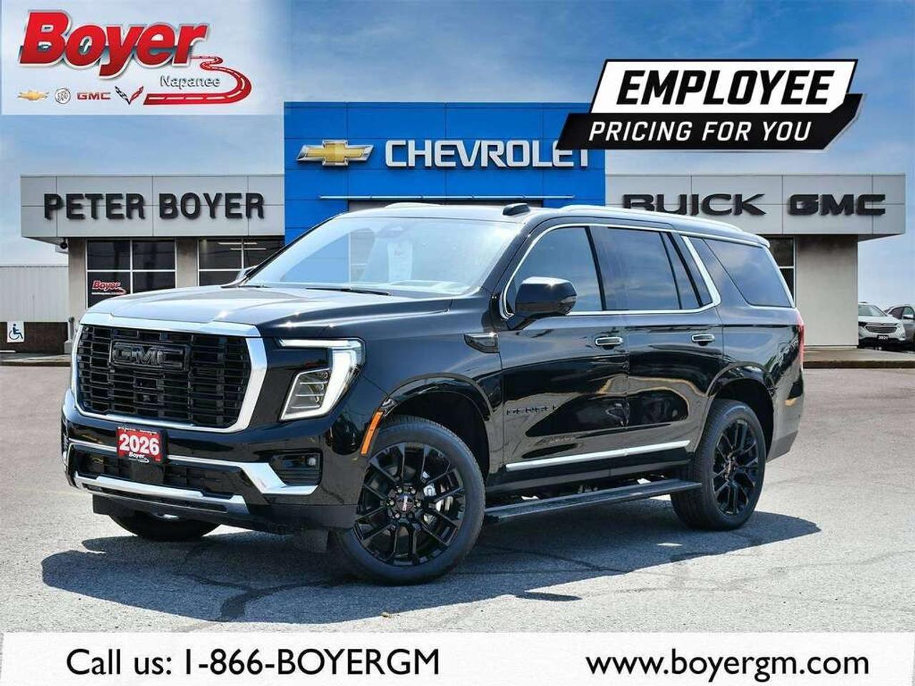 <p>The 2026 GMC Yukon Denali, with its striking black exterior, is a powerhouse designed for those who crave adventure with a touch of luxury. Equipped with the formidable 4×4 drivetrain and an automatic transmission, its handling on any terrain is nothing short of exceptional.</p> <p>Step inside and be enveloped by the elegance of black perforated leather seating surfaces, offering both style and comfort. This SUV perfectly blends practicality with sophistication, featuring power-retractable assist steps with perimeter lighting, and 22" 6-spoke chrome wheels that enhance its bold appearance. The panoramic power sunroof floods the cabin with light, while the premium floor liners ensure the interior remains pristine.</p> <p>The Yukon Denali stands out with its cutting-edge technology. The 16.8" diagonal premium GMC infotainment system, complete with Google built-in compatibility and a personalized profile setup, ensures a connected drive. Safety is paramount, with features like Super Cruise, lane assist, and a comprehensive Advanced Safety Package. From the rear camera mirror to the rear seat media system with dual 12.6" screens, every journey is elevated for both driver and passengers alike.</p> <p>This SUV is perfect for families and trailering enthusiasts, offering comfort, power, and innovation. With a maximum trailering package, advanced trailering technology features, and a robust 6.2L Ecotec3 V8 engine, it's ready for any journey ahead. Contact Peter Boyer Chevrolet Buick GMC today for more details on how the 2026 Yukon Denali can meet your needs.</p>