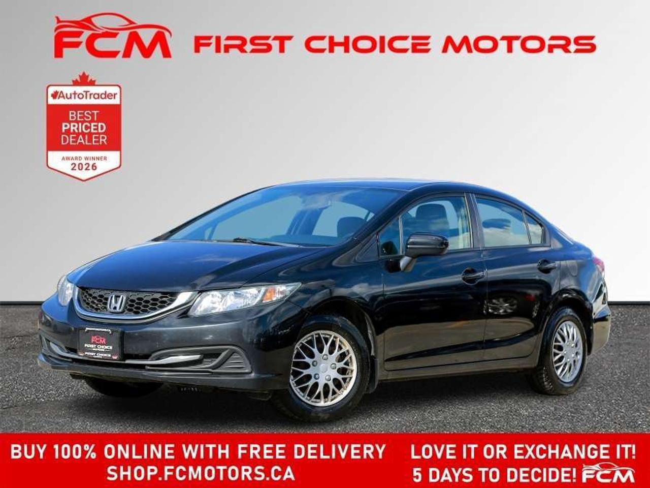 ** ** SPECIAL LIMITED TIME OFFER ** ** PURCHASE ANY VEHICLE THIS WEEK AND RECEIVE 4 BRAND-NEW ALL-SEASON TIRES AT NO ADDITIONAL COST!!! DONT MISS THIS EXCLUSIVE CHANCE TO UPGRADE YOUR RIDE AND STAY PREPARED FOR ANY WEATHER!!!       EXCITING NEWS FROM FIRST CHOICE MOTORS! Our brand-new online showroom is now open to the public, bringing the ultimate car shopping experience right to your fingertips! Enjoy a 100% online car shopping experience, with over 500 certified vehicles in stock, comprehensive protection plans, and thousands of new auto parts & accessories available! Plus, for a limited time, were offering FREE deliveries across Ontario on all vehicle purchases! Dont miss outvisit Shop.fcmotors.ca to find and upgrade your perfect vehicle today!      Welcome to First Choice Motors, the largest car dealership in Toronto of pre-owned cars, SUVs, and vans priced between $5000-$15,000. With an impressive inventory of over 300 vehicles in stock, we are dedicated to providing our customers with a vast selection of affordable and reliable options.       Were thrilled to offer a used 2015 Honda Civic LX, black color with 225,000km (STK#10044) This vehicle was $9990 NOW ON SALE FOR $8990. It is equipped with the following features:   - Automatic Transmission   - Heated seats   - Bluetooth   - Reverse camera   - Power windows   - Power locks   - Power mirrors   - Air Conditioning      At First Choice Motors, we believe in providing quality vehicles that our customers can depend on. All our vehicles come with a 36-day guarantee on all safety related items. We also offer additional warranty options up to 5 years for our customers who want extra peace of mind.      Furthermore, all our vehicles are sold fully certified with brand new brakes rotors and pads, a fresh oil change, and brand new set of all-season tires installed & balanced. You can be confident that this car is in excellent condition and ready to hit the road.      At First Choice Motors, we believe that everyone deserves a chance to own a reliable and affordable vehicle. Thats why we offer financing options with low interest rates starting at 7.9% O.A.C. Were proud to approve all customers, including those with bad credit, no credit, students, and even 9 socials. Our finance team is dedicated to finding the best financing option for you and making the car buying process as smooth and stress-free as possible.      Our dealership is open 7 days a week to provide you with the best customer service possible. We carry the largest selection of used vehicles for sale under $9990 in all of Ontario. We stock over 300 cars, mostly Hyundai, Chevrolet, Mazda, Honda, Volkswagen, Toyota, Ford, Dodge, Kia, Mitsubishi, Acura, Lexus, and more. With our ongoing sale, you can find your dream car at a price you can afford. Come visit us today and experience why we are the best choice for your next used car purchase!      All prices include $22.00 OMVIC Fee.  Excludes, license plates, ownership registration and ONTARIO HST (13%)   *No Credit Card payments can be accepted for Vehicle Purchases*    *No Credit Card payments can be accepted for Vehicle Purchases*