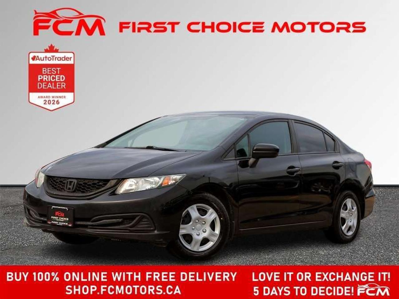 ** ** SPECIAL LIMITED TIME OFFER ** ** PURCHASE ANY VEHICLE THIS WEEK AND RECEIVE 4 BRAND-NEW ALL-SEASON TIRES AT NO ADDITIONAL COST!!! DONT MISS THIS EXCLUSIVE CHANCE TO UPGRADE YOUR RIDE AND STAY PREPARED FOR ANY WEATHER!!!       EXCITING NEWS FROM FIRST CHOICE MOTORS! Our brand-new online showroom is now open to the public, bringing the ultimate car shopping experience right to your fingertips! Enjoy a 100% online car shopping experience, with over 500 certified vehicles in stock, comprehensive protection plans, and thousands of new auto parts & accessories available! Plus, for a limited time, were offering FREE deliveries across Ontario on all vehicle purchases! Dont miss outvisit Shop.fcmotors.ca to find and upgrade your perfect vehicle today!      Welcome to First Choice Motors, the largest car dealership in Toronto of pre-owned cars, SUVs, and vans priced between $5000-$15,000. With an impressive inventory of over 300 vehicles in stock, we are dedicated to providing our customers with a vast selection of affordable and reliable options.       Were thrilled to offer a used 2015 Honda Civic LX, black color with 218,000km (STK#10036) This vehicle was $9990 NOW ON SALE FOR $8990. It is equipped with the following features:   - Automatic Transmission   - Heated seats   - Bluetooth   - Reverse camera   - Power windows   - Power locks   - Power mirrors   - Air Conditioning      At First Choice Motors, we believe in providing quality vehicles that our customers can depend on. All our vehicles come with a 36-day guarantee on all safety related items. We also offer additional warranty options up to 5 years for our customers who want extra peace of mind.      Furthermore, all our vehicles are sold fully certified with brand new brakes rotors and pads, a fresh oil change, and brand new set of all-season tires installed & balanced. You can be confident that this car is in excellent condition and ready to hit the road.      At First Choice Motors, we believe that everyone deserves a chance to own a reliable and affordable vehicle. Thats why we offer financing options with low interest rates starting at 7.9% O.A.C. Were proud to approve all customers, including those with bad credit, no credit, students, and even 9 socials. Our finance team is dedicated to finding the best financing option for you and making the car buying process as smooth and stress-free as possible.      Our dealership is open 7 days a week to provide you with the best customer service possible. We carry the largest selection of used vehicles for sale under $9990 in all of Ontario. We stock over 300 cars, mostly Hyundai, Chevrolet, Mazda, Honda, Volkswagen, Toyota, Ford, Dodge, Kia, Mitsubishi, Acura, Lexus, and more. With our ongoing sale, you can find your dream car at a price you can afford. Come visit us today and experience why we are the best choice for your next used car purchase!      All prices include $22.00 OMVIC Fee.  Excludes, license plates, ownership registration and ONTARIO HST (13%)   *No Credit Card payments can be accepted for Vehicle Purchases*    *No Credit Card payments can be accepted for Vehicle Purchases*