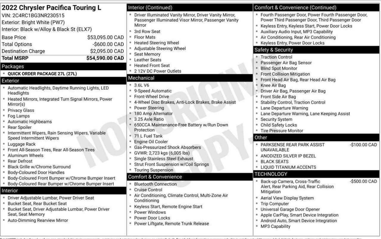2022 Chrysler Pacifica TOURING  L | CLEAN CARFAX |  CARPLAY | BSM | Photo