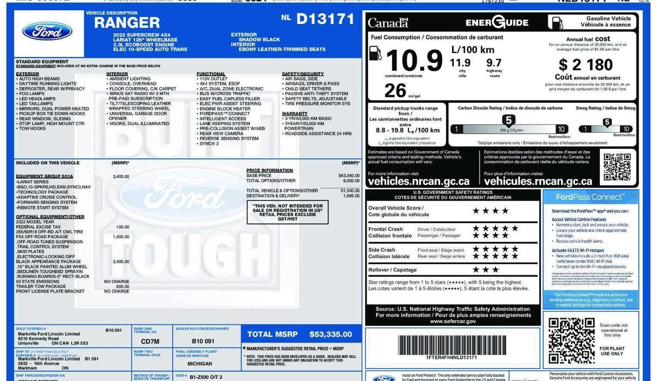 2022 Ford Ranger LARIAT | CLEAN CARFAX| BLACK APP | 501A| FX4 Photo