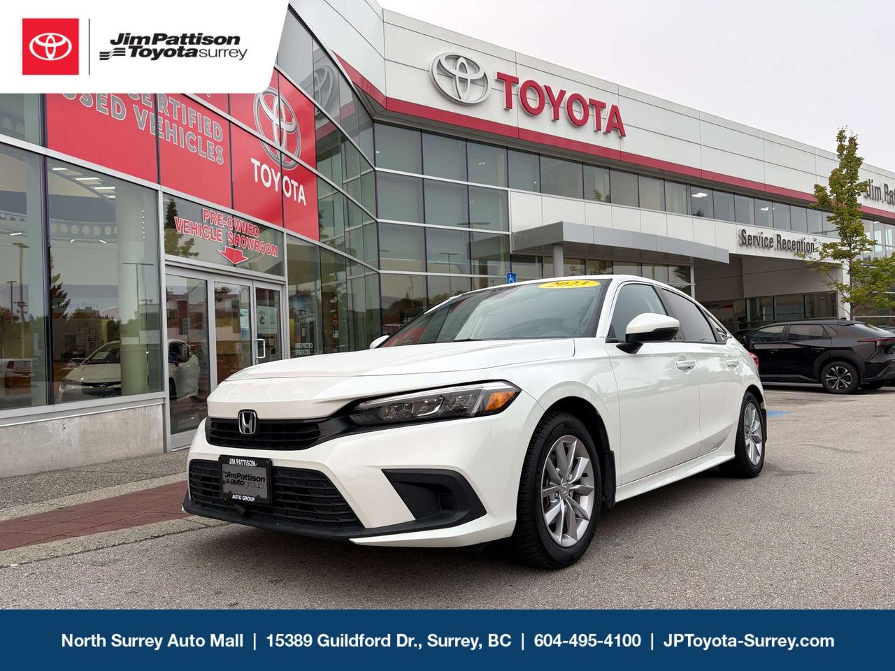 Local BC vehicle with a flawless, accident-free history! 

This beautiful 2023 Honda Civic EX Sedan is an absolute gem with a stellar service record. Our in-house service team has fully safety-checked and reconditioned this vehicle for a total peace of mind.

The perfect balance of style, comfort, and savings! This 2023 Honda Civic EX Sedan upgrades your daily drive with a premium layout, outstanding fuel economy, and standard-setting reliability.
Premium highlights youll love:

	Upscale Exterior: One-touch power sunroof and 16-inch alloy wheels.
	All-Season Comfort: Heated front seats and dual-zone climate control.
	Seamless Tech: 7-inch touchscreen with Apple CarPlay, Android Auto, and remote start.
	Honda Sensing Safety: Adaptive Cruise Control, Lane Keeping Assist, and Blind Spot Information.


Jim Pattison Toyota Surrey sells & services new & used Toyota vehicles throughout the Lower Mainland. Financing available OAC.  TEXT our sales team directly at (604) 265-9043

Price includes documentation fee ($595) and VSA transaction levy ($10). Finance placement fee ($495) if applicable, GST and PST are additional. D#6701