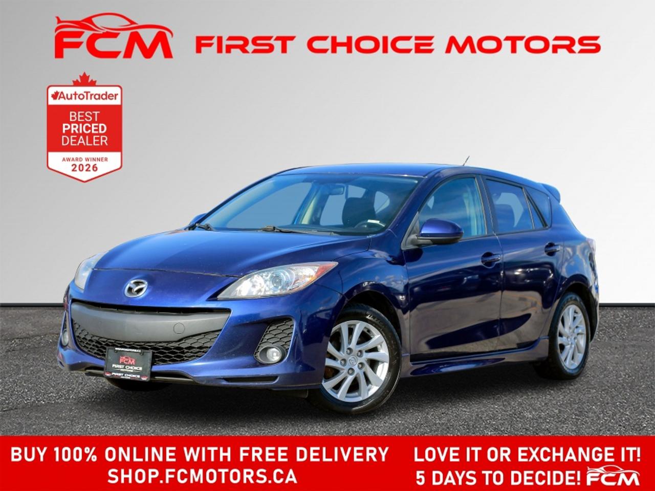 ** ** SPECIAL LIMITED TIME OFFER ** ** PURCHASE ANY VEHICLE THIS WEEK AND RECEIVE 4 BRAND-NEW ALL-SEASON TIRES AT NO ADDITIONAL COST!!! DON   T MISS THIS EXCLUSIVE CHANCE TO UPGRADE YOUR RIDE AND STAY PREPARED FOR ANY WEATHER!!! <br><br>EXCITING NEWS FROM FIRST CHOICE MOTORS! Our brand-new online showroom is now open to the public, bringing the ultimate car shopping experience right to your fingertips! Enjoy a 100% online car shopping experience, with over 500 certified vehicles in stock, comprehensive protection plans, and thousands of new auto parts & accessories available! Plus, for a limited time, were offering FREE deliveries across Ontario on all vehicle purchases! Dont miss out   visit Shop.fcmotors.ca to find and upgrade your perfect vehicle today!<br><br>Welcome to First Choice Motors, the largest car dealership in Toronto of pre-owned cars, SUVs, and vans priced between $5000-$15,000. With an impressive inventory of over 300 vehicles in stock, we are dedicated to providing our customers with a vast selection of affordable and reliable options. <br><br>Were thrilled to offer a used 2012 Mazda MAZDA3 GS Skyactiv, blue color with 177,000km (STK#10019) This vehicle was $8490 NOW ON SALE FOR $7990. It is equipped with the following features:<br>- Automatic Transmission<br>- Hatchback<br>- Heated seats<br>- Bluetooth<br>- Alloy wheels<br>- Power windows<br>- Power locks<br>- Power mirrors<br>- Air Conditioning<br><br>At First Choice Motors, we believe in providing quality vehicles that our customers can depend on. All our vehicles come with a 36-day guarantee on all safety related items. We also offer additional warranty options up to 5 years for our customers who want extra peace of mind.<br><br>Furthermore, all our vehicles are sold fully certified with brand new brakes rotors and pads, a fresh oil change, and brand new set of all-season tires installed & balanced. You can be confident that this car is in excellent condition and ready to hit the road.<br><br>At First Choice Motors, we believe that everyone deserves a chance to own a reliable and affordable vehicle. Thats why we offer financing options with low interest rates starting at 7.9% O.A.C. Were proud to approve all customers, including those with bad credit, no credit, students, and even 9 socials. Our finance team is dedicated to finding the best financing option for you and making the car buying process as smooth and stress-free as possible.<br><br>Our dealership is open 7 days a week to provide you with the best customer service possible. We carry the largest selection of used vehicles for sale under $9990 in all of Ontario. We stock over 300 cars, mostly Hyundai, Chevrolet, Mazda, Honda, Volkswagen, Toyota, Ford, Dodge, Kia, Mitsubishi, Acura, Lexus, and more. With our ongoing sale, you can find your dream car at a price you can afford. Come visit us today and experience why we are the best choice for your next used car purchase!<br><br>All prices include $22.00 OMVIC Fee.  Excludes, license plates, ownership registration and ONTARIO HST (13%)<br>*No Credit Card payments can be accepted for Vehicle Purchases*