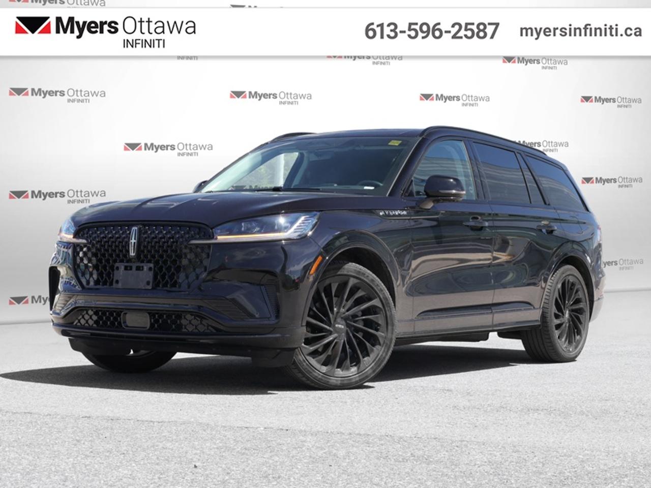 <b>Sunroof,  HUD,  Cooled Seats,  Heated Steering Wheel,  Power Liftgate!</b><br> <br>  Compare at $77760 - Our Price is just $75495! <br> <br>Full of amazing design both inside and out, this Lincoln Aviator is using an old name to bring something new to midsize SUVs. This 2025 Lincoln Aviator is for sale today in Ottawa.<br> <br>With a stylish exterior, a plush cabin, and a pair of potent powertrains, this 2025 Lincoln Aviator offers nearly the same luxury experience as the larger Navigator, but its more compact, mid-size dimensions make it easier to live with. This Aviator is all about quiet comfort; its ride is compliant and its driving demeanor relaxed, no matter the conditions.<br> <br>This SUV has 27,591 km. Its Infinite Black Metallic in colour and is completely accident free based on the <a href=https://vhr.carfax.ca/?id=VJUiAj1BDrCsV7Gu/qJhZT40ZvFjkhOS target=_blank>CARFAX Report</a>. It has an Automatic transmission and is powered by a 400HP 3.0L V6 Cylinder Engine. <br> <br> Our Aviators trim level is Reserve. Standard features include ventilated and heated front and rear seats, a heated steering wheel, a premium 14-speaker Revel audio system, a panoramic sunroof, 21-inch machined aluminum wheels, adaptive cruise control, and a power liftgate for rear cargo access. Infotainment duties are handled by a 13.2-inch infotainment screen powered by Lincoln Digital experience with wireless Apple CarPlay and Android Auto, and Lincoln Way Tracker. Safety features also include lane keeping assist with lane departure warning, pre-collision assist with automatic emergency braking, front and rear parking sensors, collision mitigation, and an aerial view camera system. This vehicle has been upgraded with the following features: Sunroof, HUD, Cooled Seats, Heated Steering Wheel, Power Liftgate, Adaptive Cruise Control, Remote Start.<br> To view the original window sticker for this vehicle view this <a href=http://www.windowsticker.forddirect.com/windowsticker.pdf?vin=5LM5J7XC6SGL23368 target=_blank>http://www.windowsticker.forddirect.com/windowsticker.pdf?vin=5LM5J7XC6SGL23368</a>. <br/><br> <br>To apply right now for financing use this link: <a href=https://www.myersinfiniti.ca/finance/ target=_blank>https://www.myersinfiniti.ca/finance/</a><br> <br/><br>*LIFETIME ENGINE TRANSMISSION WARRANTY NOT AVAILABLE ON VEHICLES WITH KMS EXCEEDING 140,000KM, VEHICLES 8 YEARS & OLDER, OR HIGHLINE BRAND VEHICLE(eg. BMW, INFINITI. CADILLAC, LEXUS...)<br> Come by and check out our fleet of 50+ used cars and trucks and 70+ new cars and trucks for sale in Ottawa.  o~o