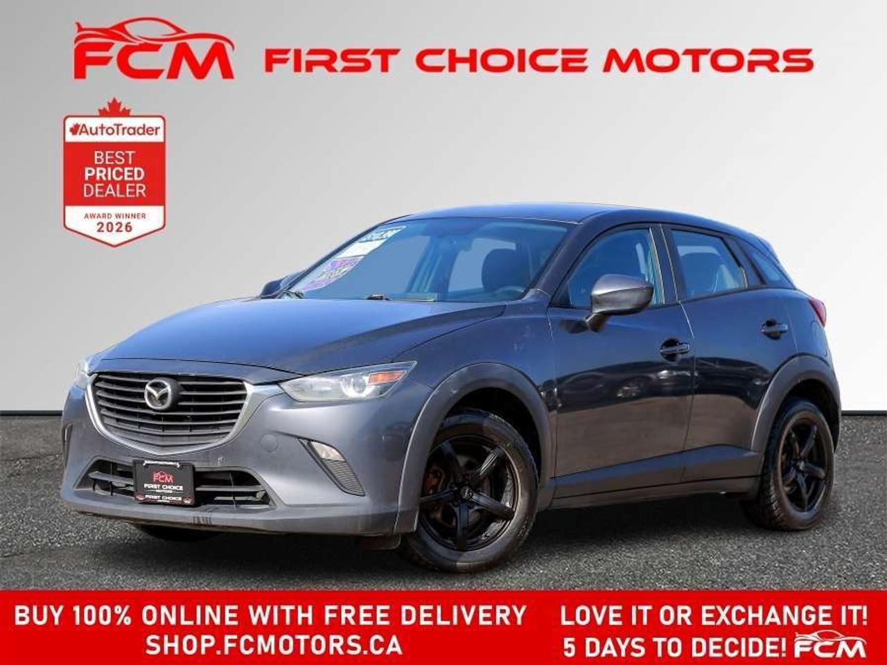 ** ** SPECIAL LIMITED TIME OFFER ** ** PURCHASE ANY VEHICLE THIS WEEK AND RECEIVE 4 BRAND-NEW ALL-SEASON TIRES AT NO ADDITIONAL COST!!! DONT MISS THIS EXCLUSIVE CHANCE TO UPGRADE YOUR RIDE AND STAY PREPARED FOR ANY WEATHER!!!       EXCITING NEWS FROM FIRST CHOICE MOTORS! Our brand-new online showroom is now open to the public, bringing the ultimate car shopping experience right to your fingertips! Enjoy a 100% online car shopping experience, with over 500 certified vehicles in stock, comprehensive protection plans, and thousands of new auto parts & accessories available! Plus, for a limited time, were offering FREE deliveries across Ontario on all vehicle purchases! Dont miss outvisit Shop.fcmotors.ca to find and upgrade your perfect vehicle today!      Welcome to First Choice Motors, the largest car dealership in Toronto of pre-owned cars, SUVs, and vans priced between $5000-$15,000. With an impressive inventory of over 300 vehicles in stock, we are dedicated to providing our customers with a vast selection of affordable and reliable options.       Were thrilled to offer a used 2016 Mazda CX-3 GX Skyactiv, grey color with 232,000km (STK#10034) This vehicle was $10990 NOW ON SALE FOR $9990. It is equipped with the following features:   - Automatic Transmission   - Bluetooth   - Reverse camera   - Alloy wheels   - Power windows   - Power locks   - Power mirrors   - Air Conditioning      At First Choice Motors, we believe in providing quality vehicles that our customers can depend on. All our vehicles come with a 36-day guarantee on all safety related items. We also offer additional warranty options up to 5 years for our customers who want extra peace of mind.      Furthermore, all our vehicles are sold fully certified with brand new brakes rotors and pads, a fresh oil change, and brand new set of all-season tires installed & balanced. You can be confident that this car is in excellent condition and ready to hit the road.      At First Choice Motors, we believe that everyone deserves a chance to own a reliable and affordable vehicle. Thats why we offer financing options with low interest rates starting at 7.9% O.A.C. Were proud to approve all customers, including those with bad credit, no credit, students, and even 9 socials. Our finance team is dedicated to finding the best financing option for you and making the car buying process as smooth and stress-free as possible.      Our dealership is open 7 days a week to provide you with the best customer service possible. We carry the largest selection of used vehicles for sale under $9990 in all of Ontario. We stock over 300 cars, mostly Hyundai, Chevrolet, Mazda, Honda, Volkswagen, Toyota, Ford, Dodge, Kia, Mitsubishi, Acura, Lexus, and more. With our ongoing sale, you can find your dream car at a price you can afford. Come visit us today and experience why we are the best choice for your next used car purchase!      All prices include $22.00 OMVIC Fee.  Excludes, license plates, ownership registration and ONTARIO HST (13%)   *No Credit Card payments can be accepted for Vehicle Purchases*    *No Credit Card payments can be accepted for Vehicle Purchases*