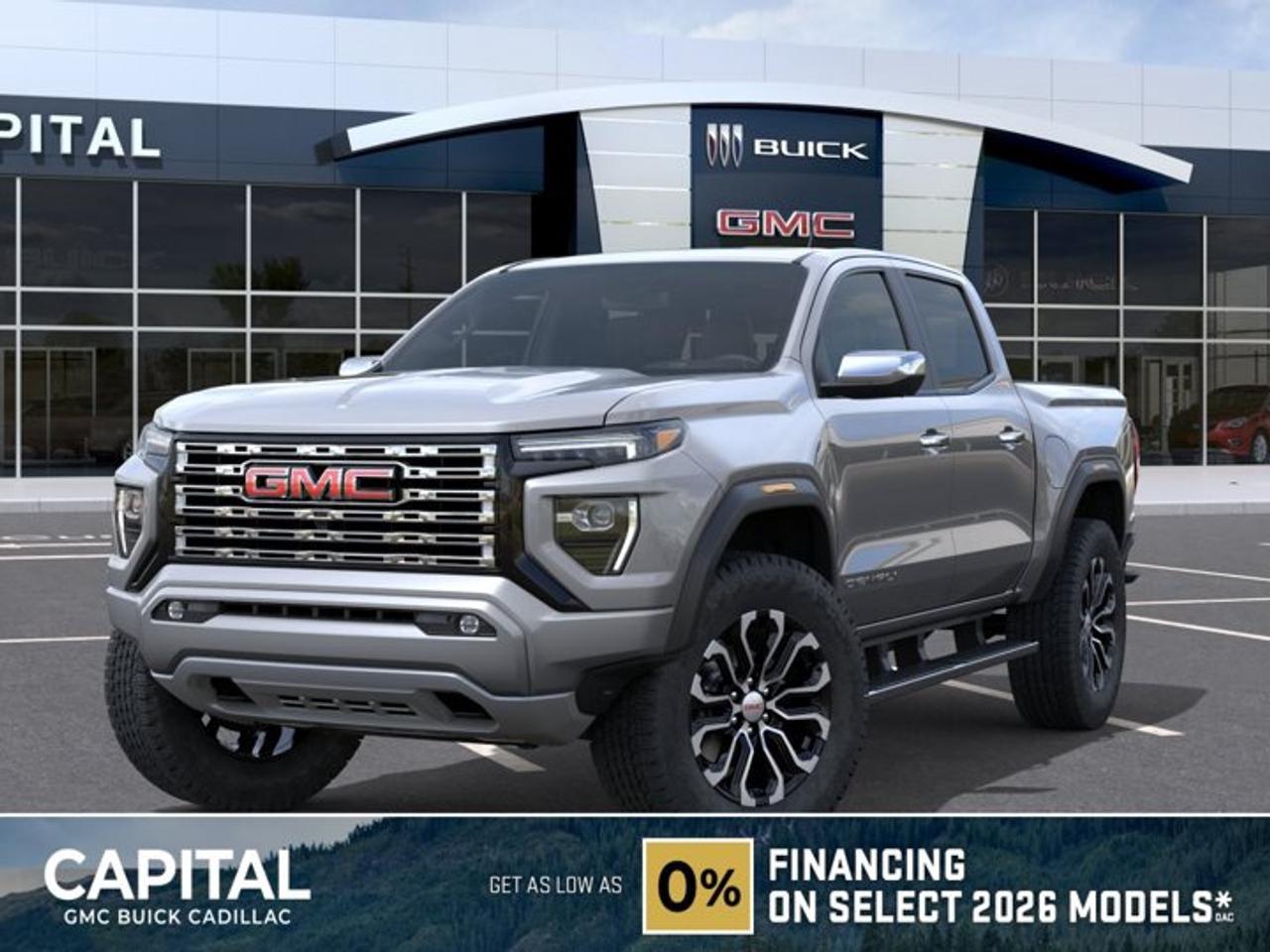 DEAL PENDINGThis 2026 GMC Canyon in Sterling Metallic is equipped with 4WD and Turbocharged Gas I4 2.7L/ engine.The GMC Canyon might be midsize, but its fully premium. Designed for easy access, an available easy lift and lower tailgate allows for smooth operation, while an integrated corner-step rear bumper provides efficient access to the truck bed and your cargo. Its the little things that set the Canyon apart, like its LED-signature front lighting, chrome grille surrounds and chrome mirror caps and door handles. The Canyon is takes premium comfort to a new level with features such as available soft-touch instrument panel and available heated driver and front passenger seats. The interior is also engineered to give you and your passengers an exceptional level of quiet, from noise-reducing innovations to triple door seals. This truck offers an engine lineup that delivers power and efficiency. This baby has 308 horsepower and can tow up to 3493 KG (7700 LB.). Intelligent control features, including traction control, trailer sway and hill descent control, available automatic rear locking differential, brake rotors and integrated trailer brake controller and diesel exhaust brake, to help you stay confidently in command no matter what you may be hauling or trailering. The Canyon provides intelligently placed controls and driver-centric features to keep you in touch, in charge and connected on the road, from available built-in Wi-Fi, an infotainment system with navigation and a rear-vision camera, to power outlets, rear seat reminders and access to the myGMC app. Youll also find state-of-the-art safety to help enhance your awareness of the road and surrounding vehicles, such as available forward collision alert, and more.Key features of the Canyon Denali include: Forward Collision Alert, Perforated leather-appointed heated & ventilated front seats, 5 chrome assist steps, Spray-on bedliner with GMC logo, 20 Ultra-Bright machined aluminum wheels, Bose 7-Speaker Premium audio system, and 308 hp 3.6L V6 engine with Active Fuel Management.Check out this vehicles pictures, features, options and specs, and let us know if you have any questions. Helping find the perfect vehicle FOR YOU is our only priority.P.S...Sometimes texting is easier. Text (or call) 306-801-9090 for fast answers at your fingertips!Dealer License #914248Disclaimer: All prices are plus taxes & fees. See dealer for Details. Dealer Permit # 914248 See dealer for Details.