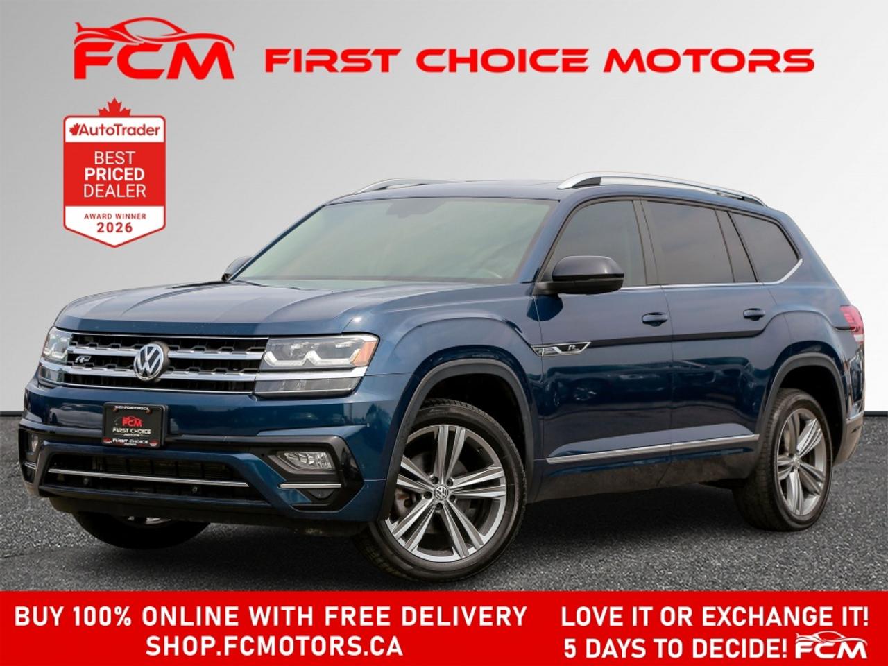** ** SPECIAL LIMITED TIME OFFER ** ** PURCHASE ANY VEHICLE THIS WEEK AND RECEIVE 4 BRAND-NEW ALL-SEASON TIRES AT NO ADDITIONAL COST!!! DON   T MISS THIS EXCLUSIVE CHANCE TO UPGRADE YOUR RIDE AND STAY PREPARED FOR ANY WEATHER!!! <br><br>EXCITING NEWS FROM FIRST CHOICE MOTORS! Our brand-new online showroom is now open to the public, bringing the ultimate car shopping experience right to your fingertips! Enjoy a 100% online car shopping experience, with over 500 certified vehicles in stock, comprehensive protection plans, and thousands of new auto parts & accessories available! Plus, for a limited time, were offering FREE deliveries across Ontario on all vehicle purchases! Dont miss out   visit Shop.fcmotors.ca to find and upgrade your perfect vehicle today!<br><br>Welcome to First Choice Motors, the largest car dealership in Toronto of pre-owned cars, SUVs, and vans priced between $5000-$15,000. With an impressive inventory of over 300 vehicles in stock, we are dedicated to providing our customers with a vast selection of affordable and reliable options. <br><br>Were thrilled to offer a used 2018 Volkswagen Atlas HIGHLINE, blue color with 150,000km (STK#10085) This vehicle was $17990 NOW ON SALE FOR $15990. It is equipped with the following features:<br>- Automatic Transmission<br>- Leather Seats<br>- Sunroof<br>- Heated seats<br>- Navigation<br>- All wheel drive<br>- Bluetooth<br>- Apple CarPlay<br>- Reverse camera<br>- Alloy wheels<br>- 6 Passengers<br>- Power windows<br>- Power locks<br>- Power mirrors<br>- Air Conditioning<br><br>At First Choice Motors, we believe in providing quality vehicles that our customers can depend on. All our vehicles come with a 36-day guarantee on all safety related items. We also offer additional warranty options up to 5 years for our customers who want extra peace of mind.<br><br>Furthermore, all our vehicles are sold fully certified with brand new brakes rotors and pads, a fresh oil change, and brand new set of all-season tires installed & balanced. You can be confident that this car is in excellent condition and ready to hit the road.<br><br>At First Choice Motors, we believe that everyone deserves a chance to own a reliable and affordable vehicle. Thats why we offer financing options with low interest rates starting at 7.9% O.A.C. Were proud to approve all customers, including those with bad credit, no credit, students, and even 9 socials. Our finance team is dedicated to finding the best financing option for you and making the car buying process as smooth and stress-free as possible.<br><br>Our dealership is open 7 days a week to provide you with the best customer service possible. We carry the largest selection of used vehicles for sale under $9990 in all of Ontario. We stock over 300 cars, mostly Hyundai, Chevrolet, Mazda, Honda, Volkswagen, Toyota, Ford, Dodge, Kia, Mitsubishi, Acura, Lexus, and more. With our ongoing sale, you can find your dream car at a price you can afford. Come visit us today and experience why we are the best choice for your next used car purchase!<br><br>All prices include $22.00 OMVIC Fee.  Excludes, license plates, ownership registration and ONTARIO HST (13%)<br>*No Credit Card payments can be accepted for Vehicle Purchases*