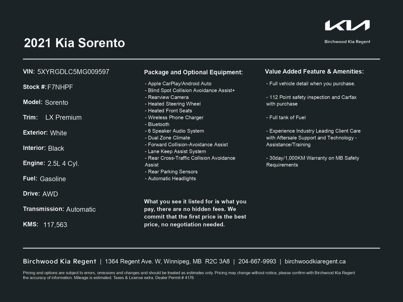 Used 2021 Kia Sorento LX Premium | AWD | Apple CarPlay & Android Auto | Rearview Camera | Blind Spot Monitor for sale in Winnipeg, MB