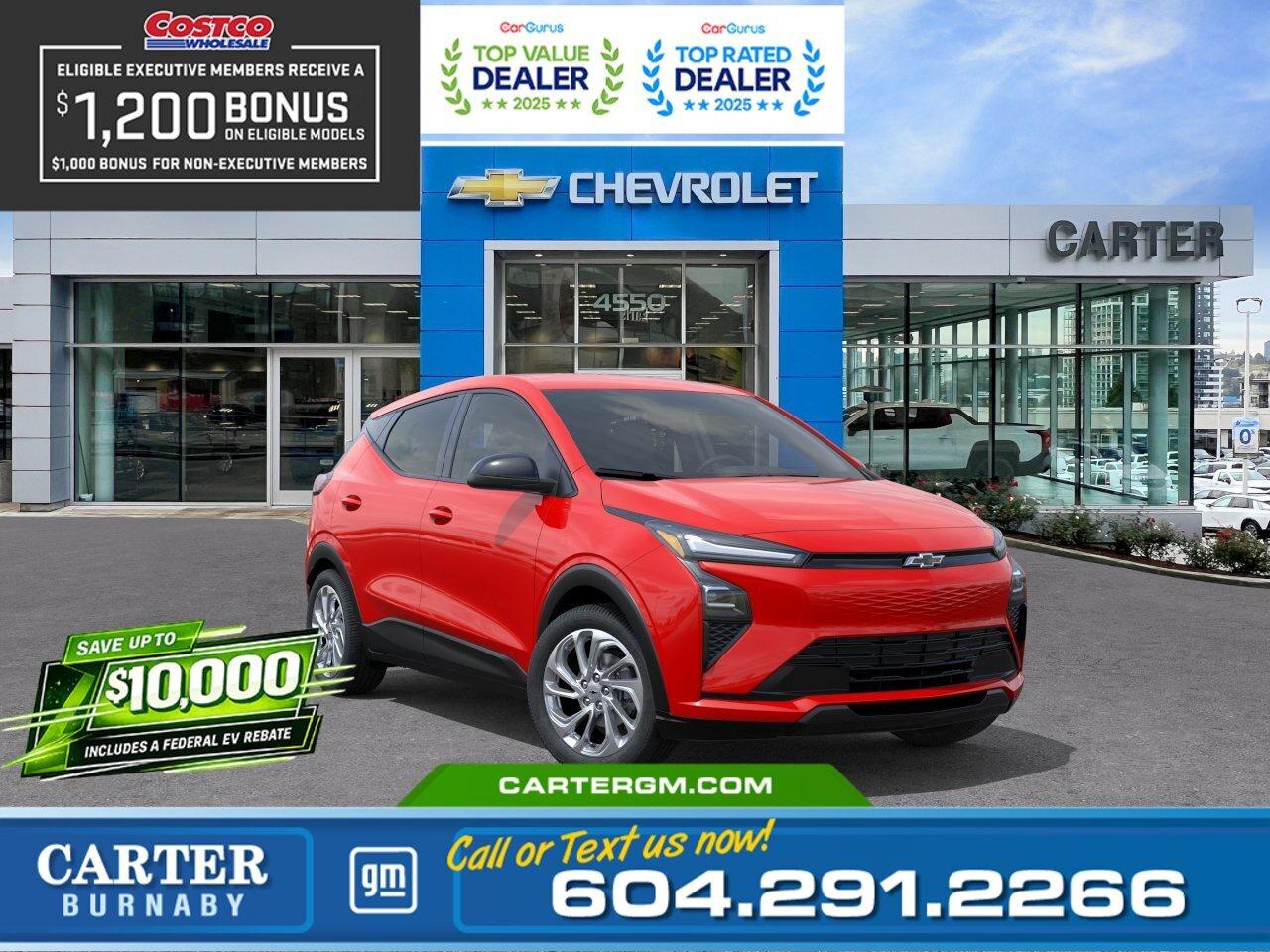 Drive Electric and Save Big! Get up to $10,000 in combined SAVINGS on your new EV through Manufacturer and Federal EVAP rebates! Upgrade to an EV today and maximize your savings with limited-time rebate funding. Eligibility: Final transaction price must not exceed $50,000 (before taxes and fees) and rebates subject to program availability and approval.  Plus, for a limited time, exclusive savings are back for Costco members! Receive a $1,200 Executive Member Bonus or a $1,000 Non-Executive Member Bonus on select models.  Efficient and fun to drive, this 2027 Chevrolet Bolt LT FWD delivers all-electric performance with an impressive 422 km driving range. Inside, enjoy a sporty feel with a flat-bottom wrapped steering wheel and the convenience of heated power-adjustable mirrors. Advanced safety features including Front Pedestrian and Bicyclist Braking, Reverse Automatic Braking, Rear Cross Traffic Braking, Blind Zone Steering Assist, Side Bicyclist Alert, and StabiliTrak stability control help keep you confident on every drive. Come take it for a test drive today and experience all this stylish vehicle has to offer!   WHY CARTER GM BURNABY?  - An unrivalled vehicle purchasing experience! - Exceeding our loyal customers expectations since 1963 - 4.5 Google star rating with 2,300+ customer reviews) - CarGurus Top-Rated Dealer 2025 Award - CarGurus Top Value Dealer 2025 Award - Vehicle trades welcome! Best price guaranteed! - We provide upfront pricing, zero hidden fees, and 100% transparency - Fast approvals and 99% acceptance rates (no matter your current credit status!) - Multilingual staff (many languages spoken) - Comfortable non-pressured environment with in-store television, WIFI and a childrens play area! - In-store restaurant: fresh daily menu        Were here to help you drive the vehicle you want, the vehicle you deserve! QUESTIONS? GREAT! WEVE GOT ANSWERS! To speak with a friendly vehicle specialist - CALL NOW! The advertised price includes all standard dealer fees and any applicable manufacturer or dealer incentives. It does not include applicable taxes, licensing, insurance, or optional products or services. Dealer fees will be clearly broken out and itemized on the bill of sale, maximum total of fees $699.00. Prices are shown in Canadian dollars. While we make every effort to ensure accuracy, vehicle details, pricing, options, and availability are subject to change without notice. Please confirm all information with dealership sales management before purchase. Dealer Code: 81129