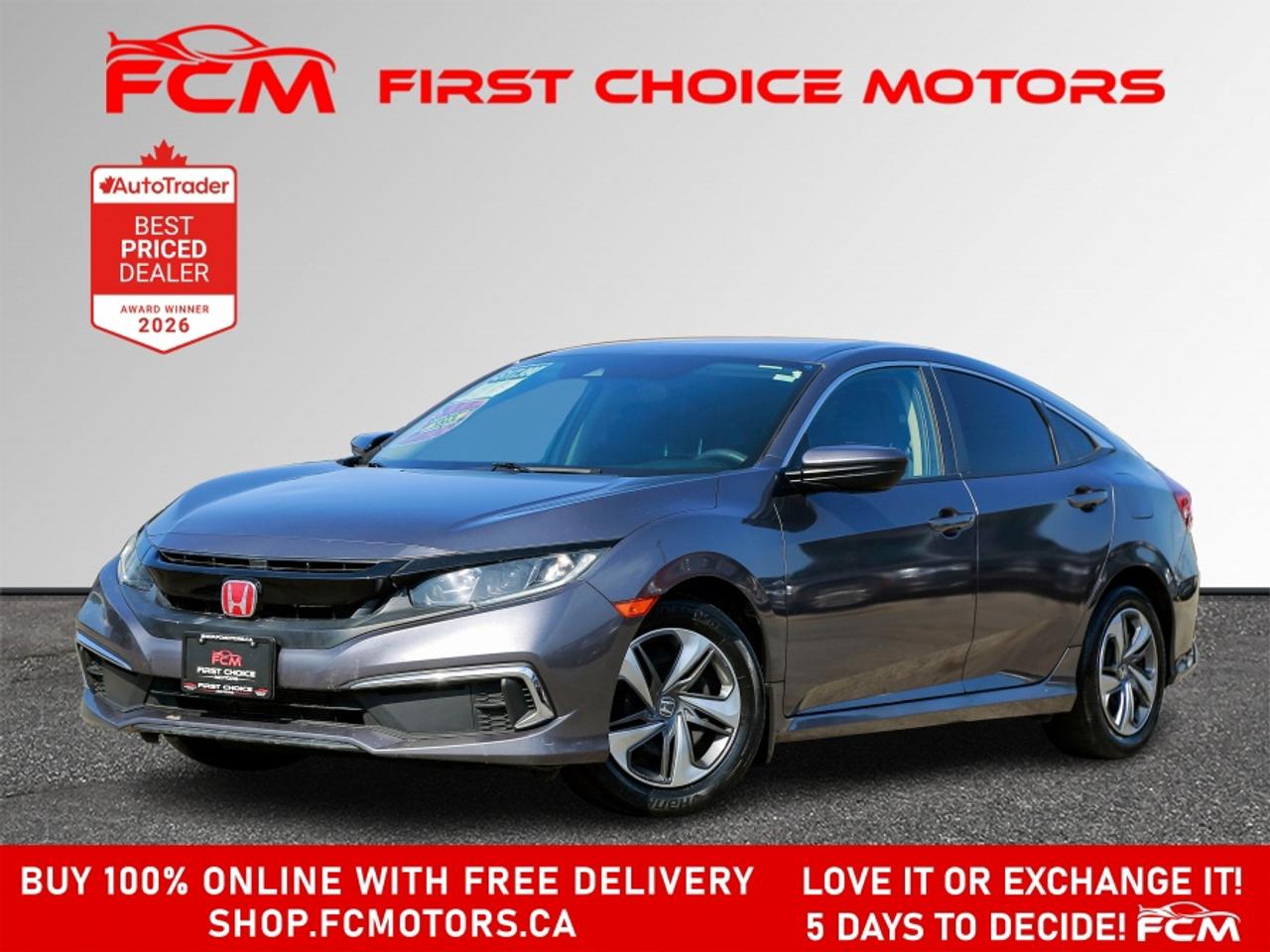 ** ** SPECIAL LIMITED TIME OFFER ** ** PURCHASE ANY VEHICLE THIS WEEK AND RECEIVE 4 BRAND-NEW ALL-SEASON TIRES AT NO ADDITIONAL COST!!! DON   T MISS THIS EXCLUSIVE CHANCE TO UPGRADE YOUR RIDE AND STAY PREPARED FOR ANY WEATHER!!! <br><br>EXCITING NEWS FROM FIRST CHOICE MOTORS! Our brand-new online showroom is now open to the public, bringing the ultimate car shopping experience right to your fingertips! Enjoy a 100% online car shopping experience, with over 500 certified vehicles in stock, comprehensive protection plans, and thousands of new auto parts & accessories available! Plus, for a limited time, were offering FREE deliveries across Ontario on all vehicle purchases! Dont miss out   visit Shop.fcmotors.ca to find and upgrade your perfect vehicle today!<br><br>Welcome to First Choice Motors, the largest car dealership in Toronto of pre-owned cars, SUVs, and vans priced between $5000-$15,000. With an impressive inventory of over 300 vehicles in stock, we are dedicated to providing our customers with a vast selection of affordable and reliable options. <br><br>Were thrilled to offer a used 2019 Honda Civic LX, grey color with 105,000km (STK#10089) This vehicle was $17990 NOW ON SALE FOR $16990. It is equipped with the following features:<br>- Automatic Transmission<br>- Heated seats<br>- Bluetooth<br>- Apple CarPlay<br>- Reverse camera<br>- Power windows<br>- Power locks<br>- Power mirrors<br>- Air Conditioning<br><br>At First Choice Motors, we believe in providing quality vehicles that our customers can depend on. All our vehicles come with a 36-day guarantee on all safety related items. We also offer additional warranty options up to 5 years for our customers who want extra peace of mind.<br><br>Furthermore, all our vehicles are sold fully certified with brand new brakes rotors and pads, a fresh oil change, and brand new set of all-season tires installed & balanced. You can be confident that this car is in excellent condition and ready to hit the road.<br><br>At First Choice Motors, we believe that everyone deserves a chance to own a reliable and affordable vehicle. Thats why we offer financing options with low interest rates starting at 7.9% O.A.C. Were proud to approve all customers, including those with bad credit, no credit, students, and even 9 socials. Our finance team is dedicated to finding the best financing option for you and making the car buying process as smooth and stress-free as possible.<br><br>Our dealership is open 7 days a week to provide you with the best customer service possible. We carry the largest selection of used vehicles for sale under $9990 in all of Ontario. We stock over 300 cars, mostly Hyundai, Chevrolet, Mazda, Honda, Volkswagen, Toyota, Ford, Dodge, Kia, Mitsubishi, Acura, Lexus, and more. With our ongoing sale, you can find your dream car at a price you can afford. Come visit us today and experience why we are the best choice for your next used car purchase!<br><br>All prices include $22.00 OMVIC Fee.  Excludes, license plates, ownership registration and ONTARIO HST (13%)<br>*No Credit Card payments can be accepted for Vehicle Purchases*