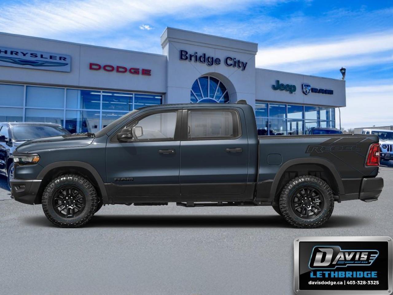 <b>Off-Road Suspension, Navigation, Apple CarPlay, Android Auto, 360 Camera!</b><br /> <br /> Experience the perfect balance of power and luxury in the 2026 Ram 1500, built to handle every job with style.<br /> <br />The Ram 1500's unmatched luxury transcends traditional pickups without compromising its capability. Loaded with best-in-class features, it's easy to see why the Ram 1500 is so popular. With the most towing and hauling capability in a Ram 1500, as well as improved efficiency and exceptional capability, this truck has the grit to take on any task.<br /> <br />This Forged Blue Metallic Crew Cab 4X4 pickup has an Automatic transmission and is powered by a 395HP 5.7L 8 Cylinder Engine. <br /> <br /> Our 1500's trim level is Rebel. This Ram 1500 in the Rebel trim offers off-roading suspension with Bilstein dampers, and rewards you with a leather-wrapped heated steering wheel, a 360 camera system, a 10-speaker Alpine audio, and a 12-inch infotainment screen with inbuilt navigation, Apple CarPlay and Android Auto, and 4G LTE Wi-Fi hotspot. Additional features include class IV towing equipment, black off-road wheels with black fender flares, power adjustable pedals, intersection collision assist, evasion assist, lane keep assist with lane departure warning, and even more! This vehicle has been upgraded with the following features: Off-Road Suspension, Navigation, Apple CarPlay, Android Auto, 360 Camera, Heated Steering Wheel, Adaptive Cruise Control.<br /><br /> <br />To apply right now for financing use this link: <a href=https://lethbridge.davisdodge.ca/free-credit-check/ target=_blank rel=nofollow noopener noreferrer>https://lethbridge.davisdodge.ca/free-credit-check/</a><br /> <br /><br />As a premier Chrysler, Dodge, Jeep and RAM dealership, Davis Dodge proudly offers an extensive selection of new and used vehicles to meet every drivers needs. Customers across Lethbridge, Fort Macleod, Taber, Claresholm, Coaldale, and beyond trust us for daily vehicle specials, certified service and parts, and a seamless online inventory experience. <br /><br /> With competitive financing options and expert support, we make car buying easy and enjoyable. <br /><br /> Ready to hit the road? Schedule your test drive today at Davis Dodge, your trusted Chrysler, Dodge, Jeep and RAM dealer in Lethbridge, Alberta.<br /><br /> Vehicle pricing offer shown expires 2026-06-30. <br /> Come by and check out our fleet of 60+ used cars and trucks and 110+ new cars and trucks for sale in Lethbridge. o~o