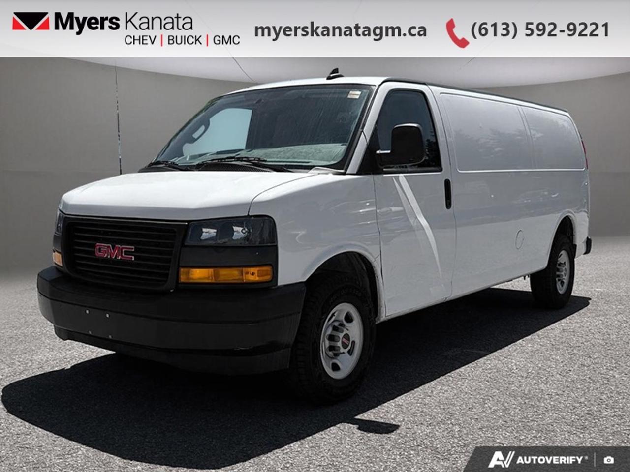 <b>4G LTE,  Easy Clean Floors,  Rear Vision Camera,  Power Windows,  Power Doors!</b><br> <br> This 2023 GMC Savana Cargo Van is for sale today in Kanata.<br> <br>This GMC Savana Cargo rides on a full-size van chassis with two seats and an expansive cargo area. If you want the capability of a truck, but need the cargo space provided by van, this GMC Savana is perfect fit for you. You can haul big payloads and or customize this Savana to perfectly fit for your business needs.<br> <br>This van has 43,755 km. Its White in colour. It has an Automatic transmission and is powered by a 276HP 4.3L V6 Cylinder Engine. <br> <br> Our Savana Cargo Vans trim level is 2500 155. This multi purpose cargo van includes 4G LTE capability, a large passenger-side door, air conditioning, power windows and door locks, 6 built-in tie down anchors in the cargo area, vinyl surfaces to make it easier to clean, a 120 volt power outlet, a rear view camera, LED interior cargo lights, Stabilitrak and Tow Haul mode to change the transmission and engine settings when youre hauling a heavy load. This vehicle has been upgraded with the following features: 4G LTE, Easy Clean Floors, Rear Vision Camera, Power Windows, Power Doors, SiriusXM, Cargo Management.<br> <br>To apply right now for financing use this link: <a href=https://www.myerskanatagm.ca/finance/ target=_blank>https://www.myerskanatagm.ca/finance/</a><br> <br/><br>Price is plus HST and licence only.<br> Book a test drive today at myerskanatagm.ca<br>*LIFETIME ENGINE TRANSMISSION WARRANTY NOT AVAILABLE ON VEHICLES WITH KMS EXCEEDING 140,000KM, VEHICLES 8 YEARS & OLDER, OR HIGHLINE BRAND VEHICLE(eg. BMW, INFINITI. CADILLAC, LEXUS...)<br> Come by and check out our fleet of 30+ used cars and trucks and 180+ new cars and trucks for sale in Kanata.  o~o