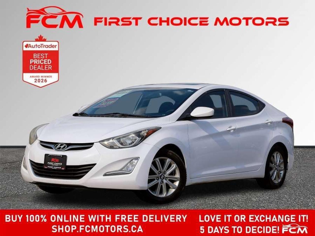 ** ** SPECIAL LIMITED TIME OFFER ** ** PURCHASE ANY VEHICLE THIS WEEK AND RECEIVE 4 BRAND-NEW ALL-SEASON TIRES AT NO ADDITIONAL COST!!! DONT MISS THIS EXCLUSIVE CHANCE TO UPGRADE YOUR RIDE AND STAY PREPARED FOR ANY WEATHER!!!       EXCITING NEWS FROM FIRST CHOICE MOTORS! Our brand-new online showroom is now open to the public, bringing the ultimate car shopping experience right to your fingertips! Enjoy a 100% online car shopping experience, with over 500 certified vehicles in stock, comprehensive protection plans, and thousands of new auto parts & accessories available! Plus, for a limited time, were offering FREE deliveries across Ontario on all vehicle purchases! Dont miss outvisit Shop.fcmotors.ca to find and upgrade your perfect vehicle today!      Welcome to First Choice Motors, the largest car dealership in Toronto of pre-owned cars, SUVs, and vans priced between $5000-$15,000. With an impressive inventory of over 300 vehicles in stock, we are dedicated to providing our customers with a vast selection of affordable and reliable options.       Were thrilled to offer a used 2015 Hyundai Elantra SE, white color with 225,000km (STK#10072) This vehicle was $6990 NOW ON SALE FOR $6490. It is equipped with the following features:   - Automatic Transmission   - Sunroof   - Heated seats   - Bluetooth   - Alloy wheels   - Power windows   - Power locks   - Power mirrors   - Air Conditioning      At First Choice Motors, we believe in providing quality vehicles that our customers can depend on. All our vehicles come with a 36-day guarantee on all safety related items. We also offer additional warranty options up to 5 years for our customers who want extra peace of mind.      Furthermore, all our vehicles are sold fully certified with brand new brakes rotors and pads, a fresh oil change, and brand new set of all-season tires installed & balanced. You can be confident that this car is in excellent condition and ready to hit the road.      At First Choice Motors, we believe that everyone deserves a chance to own a reliable and affordable vehicle. Thats why we offer financing options with low interest rates starting at 7.9% O.A.C. Were proud to approve all customers, including those with bad credit, no credit, students, and even 9 socials. Our finance team is dedicated to finding the best financing option for you and making the car buying process as smooth and stress-free as possible.      Our dealership is open 7 days a week to provide you with the best customer service possible. We carry the largest selection of used vehicles for sale under $9990 in all of Ontario. We stock over 300 cars, mostly Hyundai, Chevrolet, Mazda, Honda, Volkswagen, Toyota, Ford, Dodge, Kia, Mitsubishi, Acura, Lexus, and more. With our ongoing sale, you can find your dream car at a price you can afford. Come visit us today and experience why we are the best choice for your next used car purchase!      All prices include $22.00 OMVIC Fee.  Excludes, license plates, ownership registration and ONTARIO HST (13%)   *No Credit Card payments can be accepted for Vehicle Purchases*    *No Credit Card payments can be accepted for Vehicle Purchases*