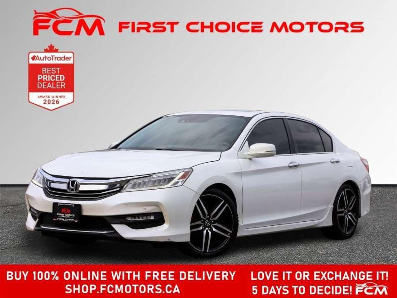 ** ** SPECIAL LIMITED TIME OFFER ** ** PURCHASE ANY VEHICLE THIS WEEK AND RECEIVE 4 BRAND-NEW ALL-SEASON TIRES AT NO ADDITIONAL COST!!! DONT MISS THIS EXCLUSIVE CHANCE TO UPGRADE YOUR RIDE AND STAY PREPARED FOR ANY WEATHER!!!       EXCITING NEWS FROM FIRST CHOICE MOTORS! Our brand-new online showroom is now open to the public, bringing the ultimate car shopping experience right to your fingertips! Enjoy a 100% online car shopping experience, with over 500 certified vehicles in stock, comprehensive protection plans, and thousands of new auto parts & accessories available! Plus, for a limited time, were offering FREE deliveries across Ontario on all vehicle purchases! Dont miss outvisit Shop.fcmotors.ca to find and upgrade your perfect vehicle today!      Welcome to First Choice Motors, the largest car dealership in Toronto of pre-owned cars, SUVs, and vans priced between $5000-$15,000. With an impressive inventory of over 300 vehicles in stock, we are dedicated to providing our customers with a vast selection of affordable and reliable options.       Were thrilled to offer a used 2017 Honda Accord TOURING, white color with 270,000km (STK#10082) This vehicle was $12990 NOW ON SALE FOR $11990. It is equipped with the following features:   - Automatic Transmission   - Leather Seats   - Sunroof   - Heated seats   - Navigation   - Bluetooth   - Reverse camera   - Alloy wheels   - Power windows   - Power locks   - Power mirrors   - Air Conditioning      At First Choice Motors, we believe in providing quality vehicles that our customers can depend on. All our vehicles come with a 36-day guarantee on all safety related items. We also offer additional warranty options up to 5 years for our customers who want extra peace of mind.      Furthermore, all our vehicles are sold fully certified with brand new brakes rotors and pads, a fresh oil change, and brand new set of all-season tires installed & balanced. You can be confident that this car is in excellent condition and ready to hit the road.      At First Choice Motors, we believe that everyone deserves a chance to own a reliable and affordable vehicle. Thats why we offer financing options with low interest rates starting at 7.9% O.A.C. Were proud to approve all customers, including those with bad credit, no credit, students, and even 9 socials. Our finance team is dedicated to finding the best financing option for you and making the car buying process as smooth and stress-free as possible.      Our dealership is open 7 days a week to provide you with the best customer service possible. We carry the largest selection of used vehicles for sale under $9990 in all of Ontario. We stock over 300 cars, mostly Hyundai, Chevrolet, Mazda, Honda, Volkswagen, Toyota, Ford, Dodge, Kia, Mitsubishi, Acura, Lexus, and more. With our ongoing sale, you can find your dream car at a price you can afford. Come visit us today and experience why we are the best choice for your next used car purchase!      All prices include $22.00 OMVIC Fee.  Excludes, license plates, ownership registration and ONTARIO HST (13%)   *No Credit Card payments can be accepted for Vehicle Purchases*    *No Credit Card payments can be accepted for Vehicle Purchases*