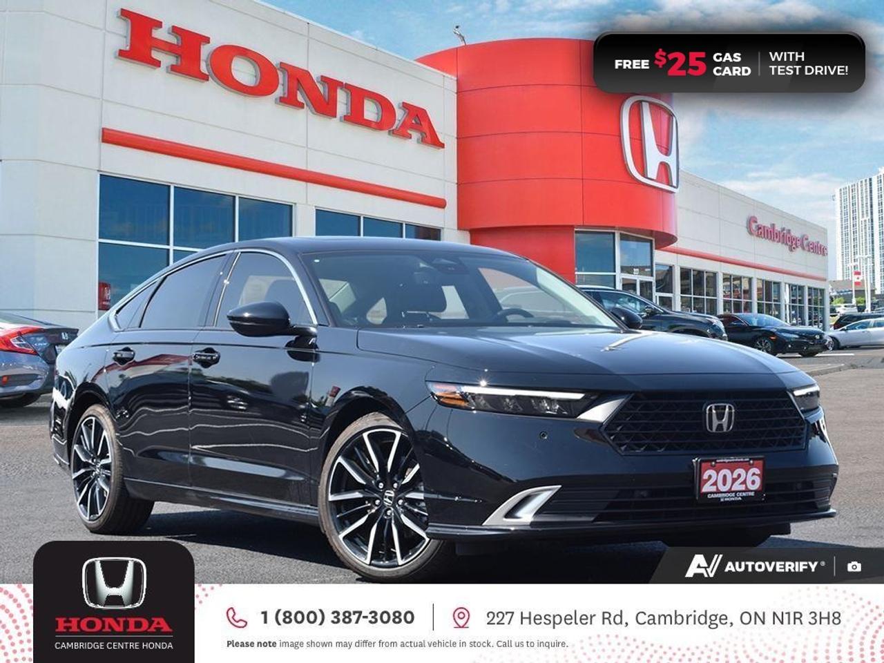<p><strong>DEMO VEHICLE!</strong></p><p>Introducing the 2026 Honda Accord Hybrid Touring, a hybrid sedan that redefines sophistication.With elegant styling, advanced hybrid technology, and an interior that blends comfort with innovation, the Accord Touring delivers a premium driving experience every time you get behind the wheel.</p><p><strong>Powerful and Efficient by Design</strong></p><p>Under the hood lies a potent 2.0-litre, 16-valve, Direct Injection DOHC 4-cylinder engine, paired with two electric motors, delivering a confident 204 horsepower and 247 lb-ft of torque.</p><p>- Electric-Continuously Variable Transmission (E-CVT) ensures smooth, efficient performance</p><p>- Steering wheel-mounted deceleration paddle selectors add dynamic control to your drive</p><p><strong>Intelligent Convenience from the Start</strong></p><p>Every detail is designed for ease:</p><p>- Remote engine start</p><p>- Proximity key entry system with pushbutton start</p><p>- Hill Start Assist to keep you steady on inclines</p><p><strong>Honda Sensing® Safety Technologies</strong></p><p>Feel protected with a comprehensive suite of Honda Sensing® features, including:</p><p>- Adaptive Cruise Control (ACC)</p><p>- Forward Collision Warning (FCW)</p><p>- Collision Mitigation Braking System (CMBS®)</p><p>- Lane Departure Warning (LDW)</p><p>- Lane Keeping Assist System (LKAS)</p><p>- Road Departure Mitigation (RDM)</p><p>- Blind Spot Information (BSI) System</p><p>- Rear Cross Traffic Monitor</p><p><strong>Premium Interior, Crafted for Comfort</strong></p><p>Step into a world of modern luxury:</p><p>- Heated leather-wrapped steering wheel</p><p>- Perforated leather-trimmed seating with ventilated front seats</p><p>- Heated front and rear seats</p><p>- Head-Up Display (HUD) projects key info onto your windshield to keep your eyes on the road</p><p><strong>Smart Connectivity & Immersive Sound</strong></p><p>Stay in sync with your world through:</p><p>- 12.3" Display Audio System</p><p>- Wireless Apple CarPlay and Android Auto</p><p>- Built-in Google features including Google Maps, Google Play, and Google Assistant</p><p>- Siri® Eyes Free, Bluetooth® Streaming Audio, HandsFreeLink, and HondaLink</p><p>- Wireless charging pad for clutter-free power</p><p>- BOSE® Premium Sound System with 12 speakers for concert-like audio clarity</p><p><strong>Sleek, Confident Exterior</strong></p><p>The 2026 Accord Hybrid Touring turns heads with:</p><p>- 19" black aluminum-alloy wheels for a bold stance</p><p>- One-touch power moonroof with tilt feature</p><p>- Multi-angle rearview camera with dynamic guidelines for confident parking</p><p>- Full LED lighting system, including:</p><p>- Auto-on/off LED headlights (low and high beam) LED fog lights, LED daytime running lights, LED brake lights and taillights.</p><p><span style=color:rgb( 255 , 0 , 0 )><strong><em>Premium paint charge of $300 is not included on all colours/models.</em></strong></span></p><p>Experience the Difference at Cambridge Centre Honda! Why Test Drive Here? You choose: drive with a sales person or on your own, extended overnight and at home test drives available. Why Purchase Here? VIP Coupon Booklet: up to $1000 in service & other savings, FREE Ontario-Wide Delivery. Cambridge Centre Honda proudly serves customers from Cambridge, Kitchener, Waterloo, Brantford, Hamilton, Waterford, Brant, Woodstock, Paris, Branchton, Preston, Hespeler, Galt, Puslinch, Morriston, Roseville, Plattsville, New Hamburg, Baden, Tavistock, Stratford, Wellesley, St. Clements, St. Jacobs, Elmira, Breslau, Guelph, Fergus, Elora, Rockwood, Halton Hills, Georgetown, Milton and all across Ontario!</p>