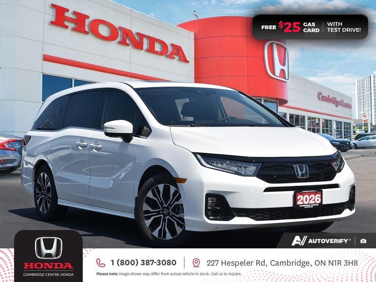<p><strong>DEMO VEHICLE!</strong></p><p>The 2026 Honda Odyssey Touring redefines what it means to travel in style with your crew. From cutting-edge entertainment and next-level convenience to family-first safety and comfort, this minivan turns every journey into a joyride, for kids and adults alike.</p><p><strong>Smart Technology for Smarter Family Adventures</strong></p><p><strong>CabinWatch Rear-Seat Monitoring</strong></p><p>Keep an eye on little ones, even in rear-facing car seats, via the 8-inch center display with night vision capability. It's peace of mind, right from the drivers seat.</p><p><strong>CabinTalk In-Car PA System</strong></p><p>Need to get their attention? Broadcast your voice to the second and third rows through the speakers or wireless headphones. No more shouting over the music.</p><p><strong>Honda Satellite-Linked Navigation System</strong></p><p>Never miss a turn with built-in GPS navigation and bilingual voice recognition, ensuring youre always on the fastest route to fun.</p><p><strong>Rear Entertainment Like Never Before</strong></p><p>Let the kids enjoy movies, shows, or media apps on the Advanced Rear Entertainment System, featuring:</p><p>- 12.8-inch high-resolution screen</p><p>- HDMI interface with USB-A headphone jack</p><p>- Built-in streaming app capability</p><p><strong>Performance You Can Count On</strong></p><p>The Odyssey Touring delivers smooth, reliable power with a:</p><p>- 3.5-litre SOHC i-VTEC® V6 engine</p><p>- 10-speed automatic transmission with Grade Logic Control</p><p>- Front-wheel drive for optimal efficiency and everyday ease</p><p><strong>Comfort and Convenience at Every Turn</strong></p><p>Enjoy upscale comfort with:</p><p>- Heated and ventilated front seats</p><p>- Wireless charging pad</p><p>- AT&T Wi-Fi hotspot capability</p><p>- CabinControl App, giving passengers the ability to adjust rear climate, audio, and navigation preferences from their smartphone</p><p>Plus:</p><p>- Remote engine starter</p><p>- Proximity key entry with pushbutton start</p><p>- Walk-away auto door lock for added peace of mind</p><p>- Hands-free access power tailgate for easy cargo loading</p><p><strong>Entertainment Meets Connectivity</strong></p><p>Stay fully connected with:</p><p>- Apple CarPlay and Android Auto compatibility</p><p>- SiriusXM satellite radio</p><p>- Display Audio touchscreen with HondaLink</p><p>- Siri® Eyes Free for Apple users</p><p><strong>Comprehensive Honda Sensing® Safety Suite</strong></p><p>Your familys safety is top priority, with features including:</p><p>- Adaptive Cruise Control (ACC)</p><p>- Forward Collision Warning (FCW)</p><p>- Collision Mitigation Braking System (CMBS®)</p><p>- Lane Departure Warning (LDW)</p><p>- Lane Keeping Assist System (LKAS)</p><p>- Road Departure Mitigation (RDM)</p><p>- Blind Spot Information (BSI) System</p><p>- Traffic Sign Recognition</p><p><span style=color:rgb( 255 , 0 , 0 )><strong><em>Premium paint charge of $300 is not included on all colours/models.</em></strong></span></p><p>Experience the Difference at Cambridge Centre Honda! Why Test Drive Here? You choose: drive with a sales person or on your own, extended overnight and at home test drives available. Why Purchase Here? VIP Coupon Booklet: up to $1000 in service & other savings, FREE Ontario-Wide Delivery. Cambridge Centre Honda proudly serves customers from Cambridge, Kitchener, Waterloo, Brantford, Hamilton, Waterford, Brant, Woodstock, Paris, Branchton, Preston, Hespeler, Galt, Puslinch, Morriston, Roseville, Plattsville, New Hamburg, Baden, Tavistock, Stratford, Wellesley, St. Clements, St. Jacobs, Elmira, Breslau, Guelph, Fergus, Elora, Rockwood, Halton Hills, Georgetown, Milton and all across Ontario!</p>