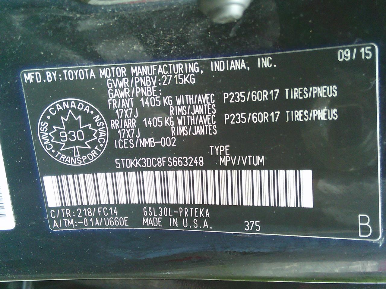2015 Toyota Sienna 5 dr LE 8-Pass FWD Photo