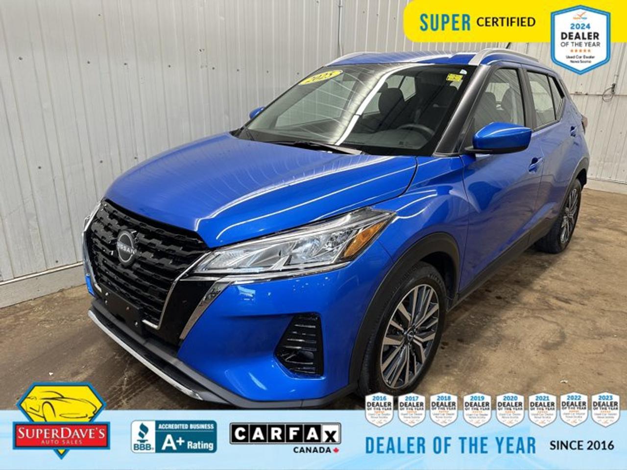 Turn heads in Electric Blue with this 2025 Nissan Kicks Play SV   Super Certified and ready to go. With 51,487 km on the clock, this compact crossover blends city-friendly size with confident safety and modern tech. The peppy 1.6L 4-cylinder paired to a smooth CVT delivers responsive everyday driving and user-friendly efficiency (City: 8 MPG / Highway: 7 MPG), while Front-Wheel Drive makes it easy to handle tight urban streets.<br><p>THE SUPER DAVES ADVANTAGE</p> <p>BUY REMOTE - No need to visit the dealership. Through email, text, or a phone call, you can complete the purchase of your next vehicle all without leaving your house!</p> <p>DELIVERED TO YOUR DOOR - Your new car, delivered straight to your door! When buying your car with Super Daves, well arrange a fast and secure delivery. Just pick a time that works for you and well bring you your new wheels!</p> <p>PEACE OF MIND WARRANTY - Every vehicle we sell comes backed with a warranty so you can drive with confidence.</p> <p>EXTENDED COVERAGE - Get added protection on your new car and drive confidently with our selection of competitively priced extended warranties.</p> <p>WE ACCEPT TRADES - We&rsquo;ll accept your trade for top dollar! We&rsquo;ll assess your trade in with a few quick questions and offer a guaranteed value for your ride. We&rsquo;ll even come pick up your trade when we deliver your new car.</p> <p>SUPER CERTIFIED INSPECTION - Every vehicle undergoes an extensive 120 point inspection, that ensure you get a safe, high quality used vehicle every time.</p> <p>FREE CARFAX VEHICLE HISTORY REPORT - If youre buying used, its important to know your cars history. Thats why we provide a free vehicle history report that lists any accidents, prior defects, and other important information that may be useful to you in your decision.</p> <p>METICULOUSLY DETAILED &ndash; Buying used doesn&rsquo;t mean buying grubby. We want your car to shine and sparkle when it arrives to you. Our professional team of detailers will have your new-to-you ride looking new car fresh.</p> <p>(Please note that we make all attempt to verify equipment, trim levels, options, accessories, kilometers and price listed in our ads however we make no guarantees regarding the accuracy of these ads online. Features are populated by VIN decoder from manufacturers original specifications. Some equipment such as wheels and wheels sizes, along with other equipment or features may have changed or may not be present. We do not guarantee a vehicle manual, manuals can be typically found online in the rare event the vehicle does not have one. Please verify all listed information with our dealership in person before purchase. The sale price does not include any ongoing subscription based services such as Satellite Radio. Any software or hardware updates needed to run any of these systems would also be the responsibility of the client. All listed payments are OAC which means On Approved Credit and are estimated without taxes and fees as these may vary from deal to deal, taxes and fees are extra. As these payments are based off our lenders best offering they may be subject to change without notice. Please ensure this vehicle is ready to be viewed at the dealership by making an appointment with our sales staff. We cannot guarantee this vehicle will be on premises and ready for viewing unless and appointment has been made.)</p>