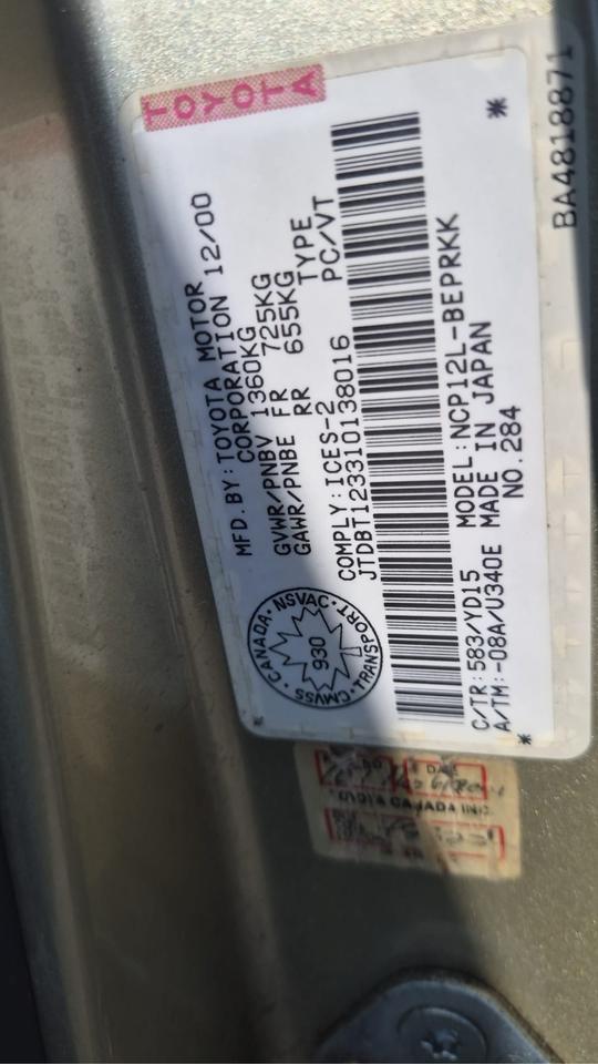 2001 Toyota Echo AS IS SPECIAL, UNDERCOATED, 60 SERVICE RECORDS Photo