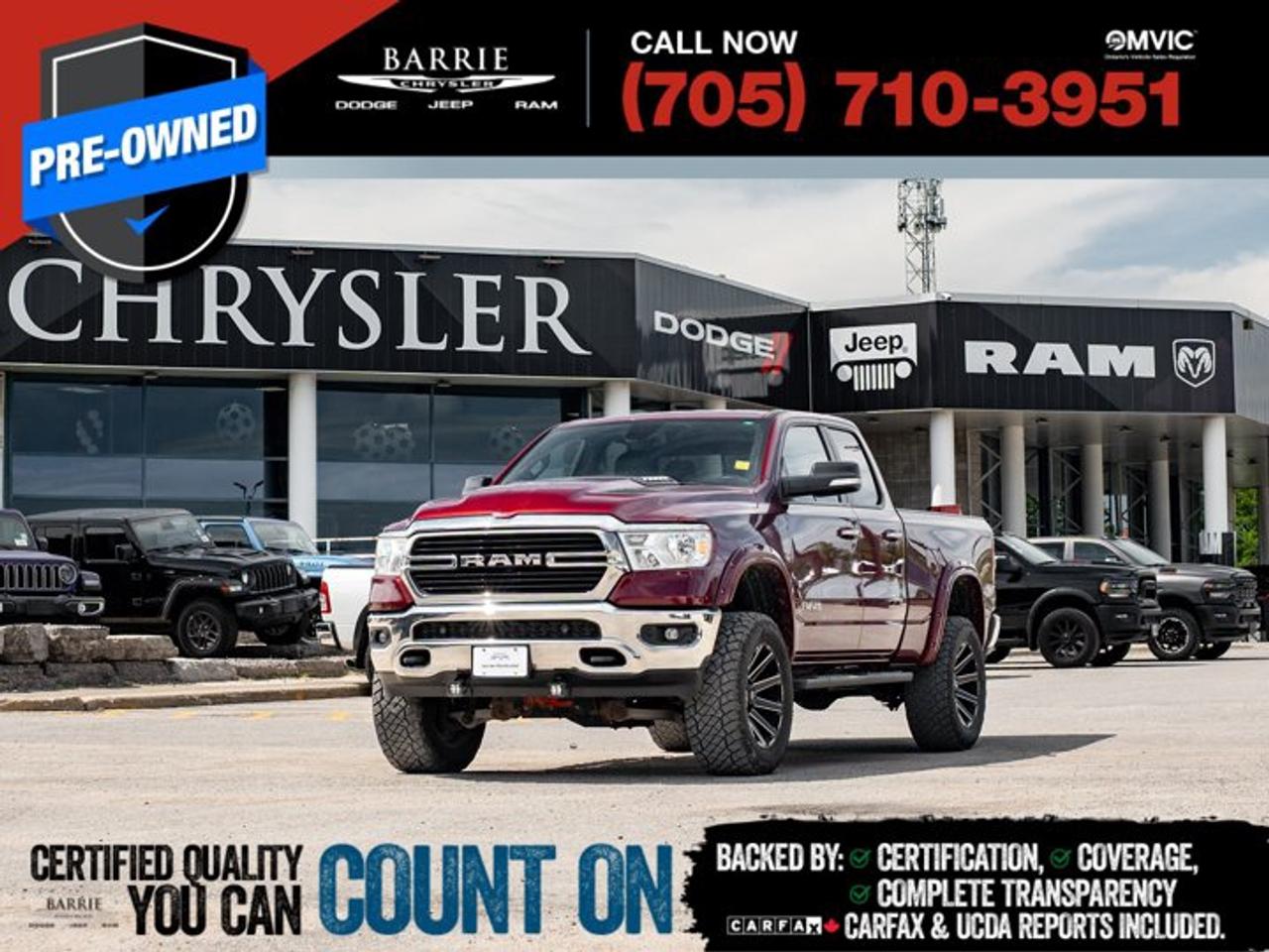 This vehicle is certified. You can trust that each certified vehicle goes through a 150-point inspection by our factory-trained master technicians. Our requirements exceed the provincial regulations of safety standards.With every detail disclosed and every standard met, confidence comes standard.Verified Vehicle History: CarFAX and UCDA reports included.Certified & Serviced: Oil, filters, and wipers replaced before delivery.Warranty You Can Trust: Up to 8 years or 200,000 KM of coverage.Finance Made Simple: Competitive rates for all credit profiles.Easy Exchange Program: Return within 7 days or 500 KM.Thank you for choosing Barrie Chrysler Dodge Jeep Ram, where the easy car-buying experience is all about you! Visit our expansive 50-car indoor showroom and view the hundreds of vehicles available, both on-site and off-site. We are located right in the heart of Barrie, on Dunlop St W, just off of Highway 400. - 395 Dunlop St W, Barrie, ON.We pay cash for cars, even if you dont buy one from us!Red Pearl 2019 Ram 1500 Big Horn/Lone Star 4D Quad Cab HEMI 5.7L V8 VVT 8-Speed Automatic 4WDWe utilize real-time third-party software to price our vehicles, ensuring they align with the daily average market price. For that reason, our vehicles are priced competitively.We have over 100 pre-owned vehicles available onsite, with extra off-site inventory available at all times. Prices are plus HST and licensing fee.Awards:* Motor Trend Automobiles of the year * 2019 KBB.com Best Auto Tech Awards * NACTOY 2019 North American Truck of the Year * 2019 KBB.com 10 Favorite New-for-2019 Cars * 2019 KBB.com 10 Best Road Trip Cars