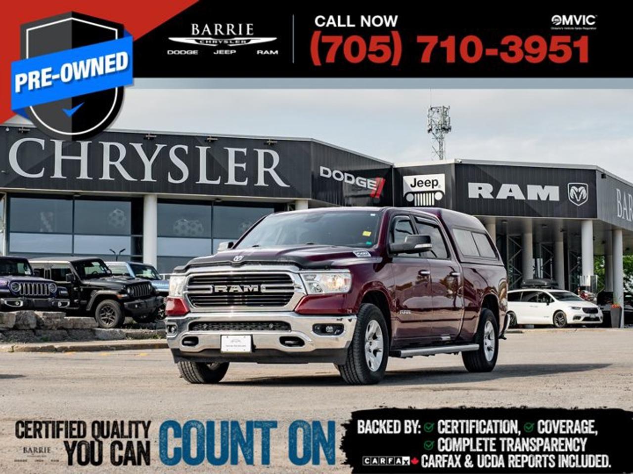 This vehicle is certified. You can trust that each certified vehicle goes through a 150-point inspection by our factory-trained master technicians. Our requirements exceed the provincial regulations of safety standards.With every detail disclosed and every standard met, confidence comes standard.Verified Vehicle History: CarFAX and UCDA reports included.Certified & Serviced: Oil, filters, and wipers replaced before delivery.Warranty You Can Trust: Up to 8 years or 200,000 KM of coverage.Finance Made Simple: Competitive rates for all credit profiles.Easy Exchange Program: Return within 7 days or 500 KM.Thank you for choosing Barrie Chrysler Dodge Jeep Ram, where the easy car-buying experience is all about you! Visit our expansive 50-car indoor showroom and view the hundreds of vehicles available, both on-site and off-site. We are located right in the heart of Barrie, on Dunlop St W, just off of Highway 400. - 395 Dunlop St W, Barrie, ON.We pay cash for cars, even if you dont buy one from us!Delmonico Red Pearlcoat 2020 Ram 1500 Big Horn/Lone Star 4D Crew Cab HEMI 5.7L V8 VVT 8-Speed Automatic 4WDWe utilize real-time third-party software to price our vehicles, ensuring they align with the daily average market price. For that reason, our vehicles are priced competitively.We have over 100 pre-owned vehicles available onsite, with extra off-site inventory available at all times. Prices are plus HST and licensing fee.