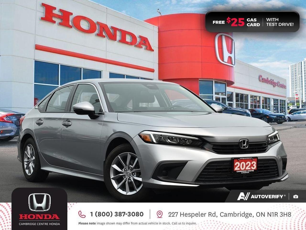 <p><span style=color:rgb( 0 , 0 , 0 )><strong>POPULAR CIVIC MODEL! ONE PREVIOUS OWNER! CLEAN CARFAX! </strong></span></p><p><span style=color:rgb( 0 , 0 , 0 )>2023 Honda Civic EX featuring CVT transmission, five passenger seating, remote engine starter, rearview camera with dynamic guidelines, power sunroof, Apple CarPlay and Android Auto connectivity, Siri® Eyes Free compatibility, ECON mode, Bluetooth, steering wheel mounted controls, cruise control, air conditioning, dual climate zones, heated front seats, 12V power outlet, proximity key entry, push button start, power mirrors, power locks, power windows, 60/40 split fold-down rear seatback, Anchors and Tethers for Children (LATCH), The Honda Sensing Technologies - Adaptive Cruise Control, Forward Collision Warning system, Collision Mitigation Braking system, Lane Departure Warning system, Lane Keeping Assist system, Road Departure Mitigation system, remote keyless entry, auto-on/off LED headlights, LED daytime running lights, electronic stability control and anti-lock braking system.Contact Cambridge Centre Honda for special discounted finance rates, as low as 8.99%, on approved credit from Honda Financial Services. </span></p><p><span style=color:rgb( 255 , 0 , 0 )><strong>FREE $25 GAS CARD WITH TEST DRIVE!</strong></span></p><p><span style=color:rgb( 0 , 0 , 0 )>Our philosophy is simple. We believe that buying and owning a car should be easy, enjoyable and transparent. Welcome to the Cambridge Centre Honda Family! Cambridge Centre Honda proudly serves customers from Cambridge, Kitchener, Waterloo, Brantford, Hamilton, Waterford, Brant, Woodstock, Paris, Branchton, Preston, Hespeler, Galt, Puslinch, Morriston, Roseville, Plattsville, New Hamburg, Baden, Tavistock, Stratford, Wellesley, St. Clements, St. Jacobs, Elmira, Breslau, Guelph, Fergus, Elora, Rockwood, Halton Hills, Georgetown, Milton and all across Ontario!</span></p>