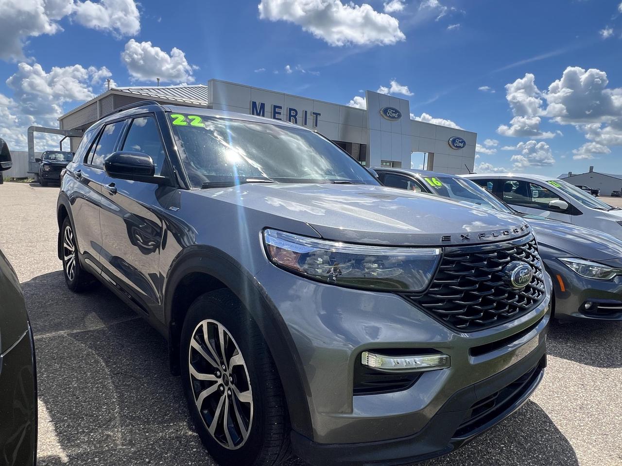 The 2022 Ford Explorer ST-Line brings a sharp, sport-focused edge to the family SUV segment. With its 2.3L 4-cylinder engine, Part-Time Four-Wheel Drive, and Fords Co-Pilot360 suite, this Explorer is built for drivers who want capability and confidence on every road  all at a value price point after 162,000 km of real-world use.

- Part-Time Four-Wheel Drive with Hill Descent and Hill Hold Control for confident handling in varied conditions
- Ford Co-Pilot360 package including Automatic Emergency Braking, Blind Spot Information System, Cross-Traffic Alert, and Evasion Assist
- Integrated Navigation System with Voice Activation and FordPass Connect 4G Mobile Hotspot
- Sport Heated Leather/Metal-Look Steering Wheel with ST-Line exclusive styling touches
- 20 Machined-Aluminum Wheels with painted pockets for a premium, sporty look
- Aerial View Camera System plus Front and Rear Parking Sensors for easy maneuvering
- Fuel-efficient for its class: 8.6 L/100 km highway / 11.7 L/100 km city
- Driver Monitoring Alert and Distance Pacing with Traffic Stop-Go for a more relaxed highway experience

Ready to take a closer look? Visit Merit Ford Sales to book a test drive, ask us any questions, or get started on your purchase today. Our team is here to help you find the right fit  on your schedule and your terms.