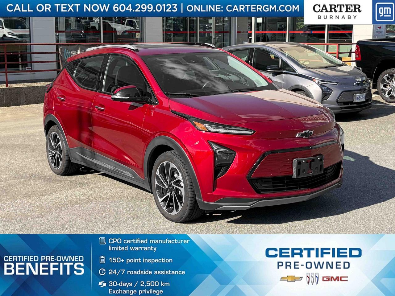 Enjoy every drive in this 2023 Chevrolet Bolt Premier FWD featuring a sunroof, navigation, heated power seats, automatic climate control, Bluetooth, and a rear-view camera for premium comfort and convenience. Drive with added confidence thanks to StabiliTrak with Traction Control, Rear Parking Assist, Rear Cross-Traffic Alert, Lane Change Alert with Side Blind Zone Alert, and a Following Distance Indicator. Efficient, stylish, and packed with advanced technology, this Bolt is ready for your next adventure. Come take it for a test drive today and experience all this stylish vehicle has to offer!

WHY CARTER GM BURNABY?

- An unrivalled vehicle purchasing experience!
- Exceeding our loyal customers expectations since 1963
- 4.5 Google star rating (with 2,300+ customer reviews)
- Cargurus Top-rated Dealer 2025 Award
- Cargurus Top Value Dealer 2025 Award
- 30-day / 2,500 km exchange privilege
- Peace of mind - 150-point vehicle inspection
- CARFAX - full vehicle service history - purchase with confidence!
- Vehicle trades welcome! Best price guaranteed!
- We provide upfront pricing, zero hidden fees, and 100% transparency
- Fast approvals and 99% acceptance rates (no matter your current credit status!)
- Multilingual staff (many languages spoken)
- Comfortable non-pressured environment with in-store television, WIFI and a childrens play area!
- In-store restaurant: fresh daily menu





Were here to help you drive the vehicle you want, the vehicle you deserve!
QUESTIONS? GREAT! WEVE GOT ANSWERS!
To speak with a friendly vehicle specialist - CALL NOW!
The advertised price includes all standard dealer fees and any applicable manufacturer or dealer incentives. It does not include applicable taxes, licensing, insurance, or optional products or services. Dealer fees will be clearly broken out and itemized on the bill of sale, maximum total of fees $595.00. Prices are shown in Canadian dollars. While we make every effort to ensure accuracy, vehicle details, pricing, options, and availability are subject to change without notice. Please confirm all information with dealership sales management before purchase. Dealer Code: 81129