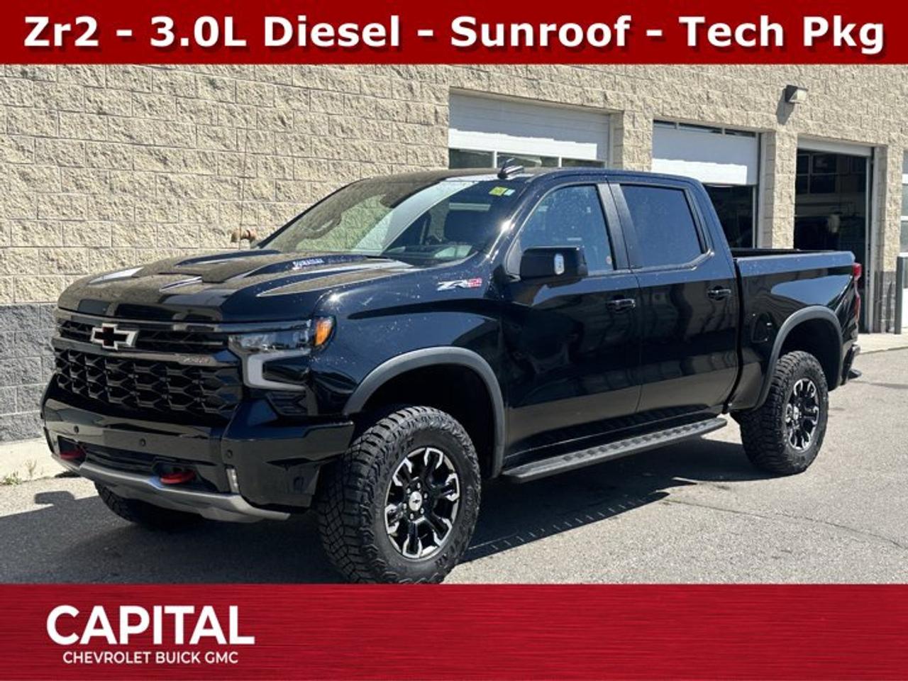Recent Arrival!Ask for the Internet Department for more information or book your test drive today! Call 403-256-4960 for fast answers at your fingertips! Disclaimer: All prices are plus taxes. See dealer for details. AMVIC Licensed Dealer # B2020028.2025 Silverado 1500 10-Speed Automatic 4WD Silverado 1500 ZR2, 3.0L I6, 4WD, 10-Way Power Driver Seat w/Lumbar, 10-Way Power Passenger Seat Adjuster w/Lumbar, 12.3 Multicolour Reconfigurable Digital Display, 120-Volt Bed Mounted Power Outlet, 120-Volt Interior Power Outlet, 15 Diagonal Multicolour Head-Up Display, 2 USB Data Ports, 2nd Row Heated Outboard Seats, Adaptive Cruise Control, All-Weather Floor Liner (LPO), Auto-Dimming Inside Rear-View Mirror, Bed View Camera, Bluetooth® For Phone, Chevytec Spray-On Black Bedliner, Colour-Keyed Carpeting Floor Covering, Deep-Tinted Glass, Driver Memory, Dual Rear USB Ports (Charge Only), Electric Rear-Window Defogger, Electrical Steering Column Lock, Electronic Cruise Control, EZ Lift Power Lock & Release Tailgate, Floor Mounted Centre Console, Front LED Fog Lamps, Front Rainsensing Wipers, HD Surround Vision, Heated Driver & Front Outboard Passenger Seats, Heated Steering Wheel, Heavy-Duty Air Filter, High Gloss Black Mirror Caps, Hill Descent Control, Hitch Guidance, Hitch Guidance w/Hitch View, In-Vehicle Trailering System App, Integrated Trailer Brake Controller, Keyless Open & Start, LED Cargo Area Lighting, Manual Tilt/Telescoping Steering Column, OnStar Services Capable, Outside Heated Power-Adjustable Mirrors, Performance Red Recovery Hooks, Perimeter Lighting, Power Front Passenger Windows w/Express Up/Down, Power Front Windows w/Driver Express Up/Down, Power Rear Windows w/Express Down, Power Sliding Rear Window w/Rear Defogger, Power Sunroof, Power Tilt & Telescoping Steering Column, Preferred Equipment Group 3LT, Rear Camera Mirror, Rear Cross Traffic Braking, Rear Pedestrian Alert, Rear Wheelhouse Liners, Remote Vehicle Starter System, Safety Alert Seat, SiriusXM w/360L Trial Subscription, Standard Tailgate, Steering Wheel Audio Controls, Technology Package, Teen Driver, Theft Deterrent System (Unauthorized Entry), Tire Pressure Monitoring System, Trailer Camera Provisions, Trailer Side Blind Zone Alert, Trailering Package, Ultrasonic Front & Rear Park Assist, Universal Home Remote, Up-Level Rear Seat w/Storage Package, Ventilated Driver & Front Passenger Seats, Wi-Fi Hot Spot Capable, Wrapped Steering Wheel.