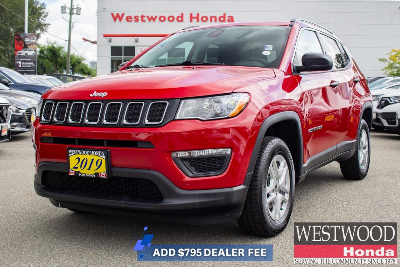 2019 Jeep Compass Sport 4WD Ready for Metro Vancouver DrivingThe 2019 Jeep Compass Sport 4WD delivers the versatility of an SUV with the confidence of four-wheel-drive capability. Whether youre commuting through Coquitlam, navigating rainy Vancouver streets, or heading out for a weekend escape to the Sea-to-Sky corridor, the Compass offers comfort, practicality, and all-weather confidence in a manageable size.Key highlights include:* 4WD capability for added traction in changing BC weather* Flexible cargo area for everyday errands and road trips* Comfortable seating with elevated SUV visibility* User-friendly infotainment and connectivity features* Compact footprint thats easy to maneuver and park around Metro VancouverThe Compass Sport balances efficiency and utility, making it well-suited for commuters, first-time SUV buyers, and active drivers looking for extra confidence during BC winters. Its elevated ride height helps improve visibility while maintaining comfortable day-to-day driving manners.When you purchase from Westwood Honda in Port Moody, youll benefit from our **BuySmart Program**, including a **Full CarProof vehicle history report**, **Mechanical inspection**, **2-month / 5,000km powertrain warranty**, **6-month tire, brake, battery, and bulb coverage**, **Professional detailing**, **Full tank of gas or full EV charge**, and **Market-based no-haggle pricing**. As a trusted Tri-Cities dealership serving Port Moody, Coquitlam, Port Coquitlam, Burnaby, and Metro Vancouver, Westwood Honda offers a transparent, customer-first purchase experience with financing, trade-in support, and test drives.**Book your test drive today.****Apply for financing online today.****Reserve this Jeep Compass before its gone.**## FAQs**Q: Is the 2019 Jeep Compass Sport good for BC winter driving?**A: Its 4WD system provides added traction and confidence during rainy and snowy Lower Mainland conditions.**Q: Is the Jeep Compass easy to park in Vancouver?**A: Yes, its compact SUV size makes it easier to maneuver in urban parking lots and tight city spaces.**Q: How much cargo space does the Compass offer?**A: The rear cargo area is well-suited for groceries, sports gear, luggage, and everyday hauling needs.**Q: Is this a good SUV for commuting from the Tri-Cities?**A: Yes, it combines SUV practicality with comfortable highway and city driving characteristics.**Q: Can I trade in my current vehicle at Westwood Honda?**A: Yes, Westwood Honda accepts trade-ins and can provide a professional appraisal.**Q: Are financing options available?**A: Yes, our team can help explore financing solutions tailored to your budget and vehicle needs.