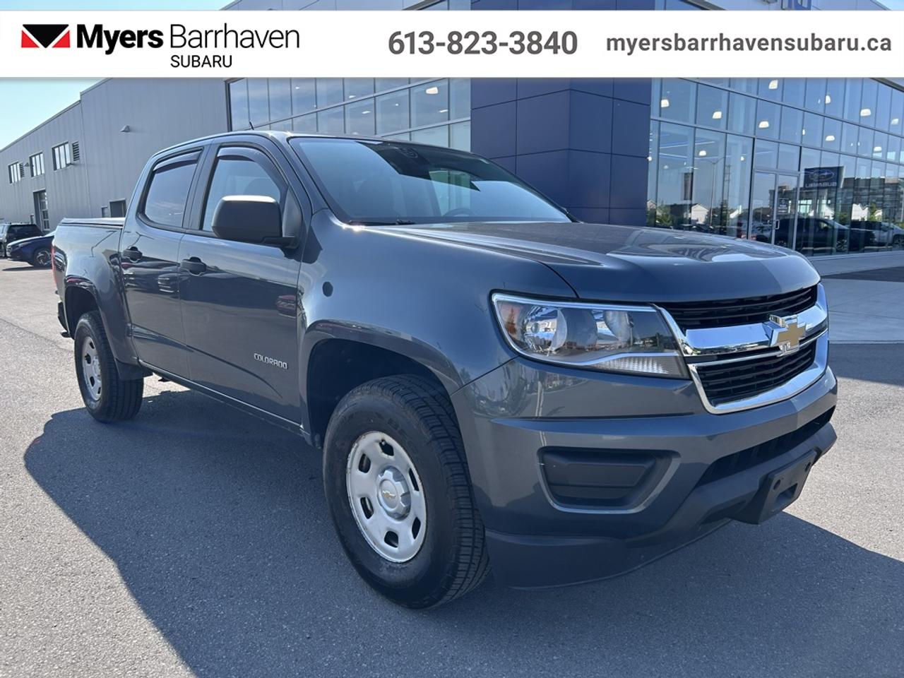 <b>Aluminum Wheels,  Remote Keyless Entry,  SiriusXM,  Rear Camera,  Air Conditioning!</b><br> <br> 2016 Chevrolet Colorado is a mid-size pickup that accentuates a satisfying and bold figure. This 2016 Chevrolet Colorado is fresh on our lot in Nepean.<br> <br>The 2016 Chevrolet Colorado reinvented the midsize pickup from the frame up, offering unsurpassed performance, safety and technology along with a refined - ultra quiet ride. Its fully boxed frame provides a smooth and comfortable ride on any surface and is built to handle the toughest of trails. The 2016 Chevrolet Colorado is designed to perform in any environment, from city streets to weekend camping retreats.<br> <br>This Crew Cab 4X4 pickup has 128,400 km. Its nice in colour and is completely accident free based on the <a href=https://vhr.carfax.ca/?id=6rRm5YLx1T0OVpwAvdSIPav665abKDux target=_blank>CARFAX Report</a>. It has an Automatic transmission and is powered by a 305HP 3.6L V6 Cylinder Engine. It may have some remaining factory warranty, please check with dealer for details. <br> <br> Our Colorados trim level is WT. This LT trim where function meets form, adding a tilt and telescoping steering column, body-colour rear bumper with integrated step, body-colour door handles, alloy wheels, an overhead console, cruise control, remote keyless entry with alarm, OnStar, a colour infotainment system with MyLink, three additional USB ports, and XM satellite radio. Additional features include a power driver seat, tilt-adjustable steering column, tire-pressure monitoring system, trip computer, cargo box lighting, a locking tailgate, a chrome rear bumper with an integrated step, a reverse camera, and automatic headlamps. This vehicle has been upgraded with the following features: Aluminum Wheels, Remote Keyless Entry, SiriusXM, Rear Camera, Air Conditioning, Power Windows .<br> <br>To apply right now for financing use this link: <a href=https://www.myersbarrhavensubaru.ca/quick-approval/ target=_blank>https://www.myersbarrhavensubaru.ca/quick-approval/</a><br> <br/>Buy this vehicle now for the lowest bi-weekly payment of <b>$140.80</b> with $0 down for 84 months @ 8.99% APR O.A.C. ( Plus applicable taxes - Plus applicable fees ). See dealer for details. <br><br><br> The Myers name has been synonymous with first-rate automotive service and products for over 80 years in Ottawa; we are happy to welcome you here to <b> Myers Barrhaven Subaru </b> the unbeatable Subaru dealer in Ottawa and the National Capital Region. Serving drivers as the premier Subaru dealership near Kanata, Orléans, Gatineau, QC and Vanier region, we offer a wide range of new and used offerings from Subaru. If youre in the market for a full range of Subaru cars and Subaru SUVs for sale in Ottawa. </br> o~o