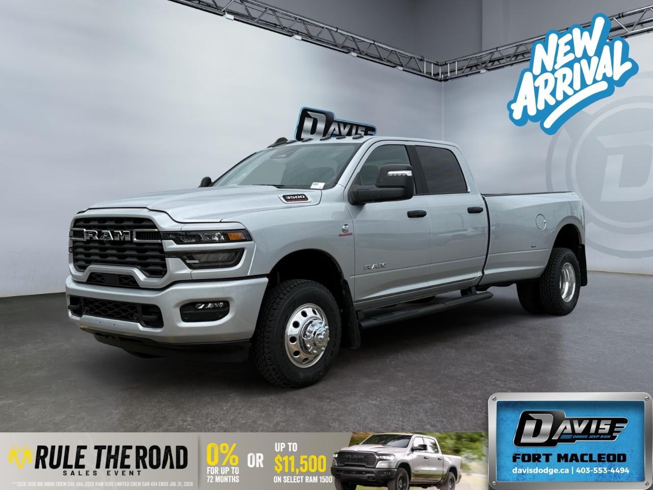 <p>2026 Ram 3500 Big Horn Crew Cab 4x4 Dually with 6.7L High-Output Cummins Turbo Diesel, 8-speed automatic, 5th Wheel & Gooseneck Prep, 12-inch Uconnect NAV, heated seats & steering wheel, Alpine audio, remote start, spray-in bedliner, power trailer mirrors, Sport Appearance Package, and dual rear wheels. Built for maximum towing and heavy-duty performance.</p>