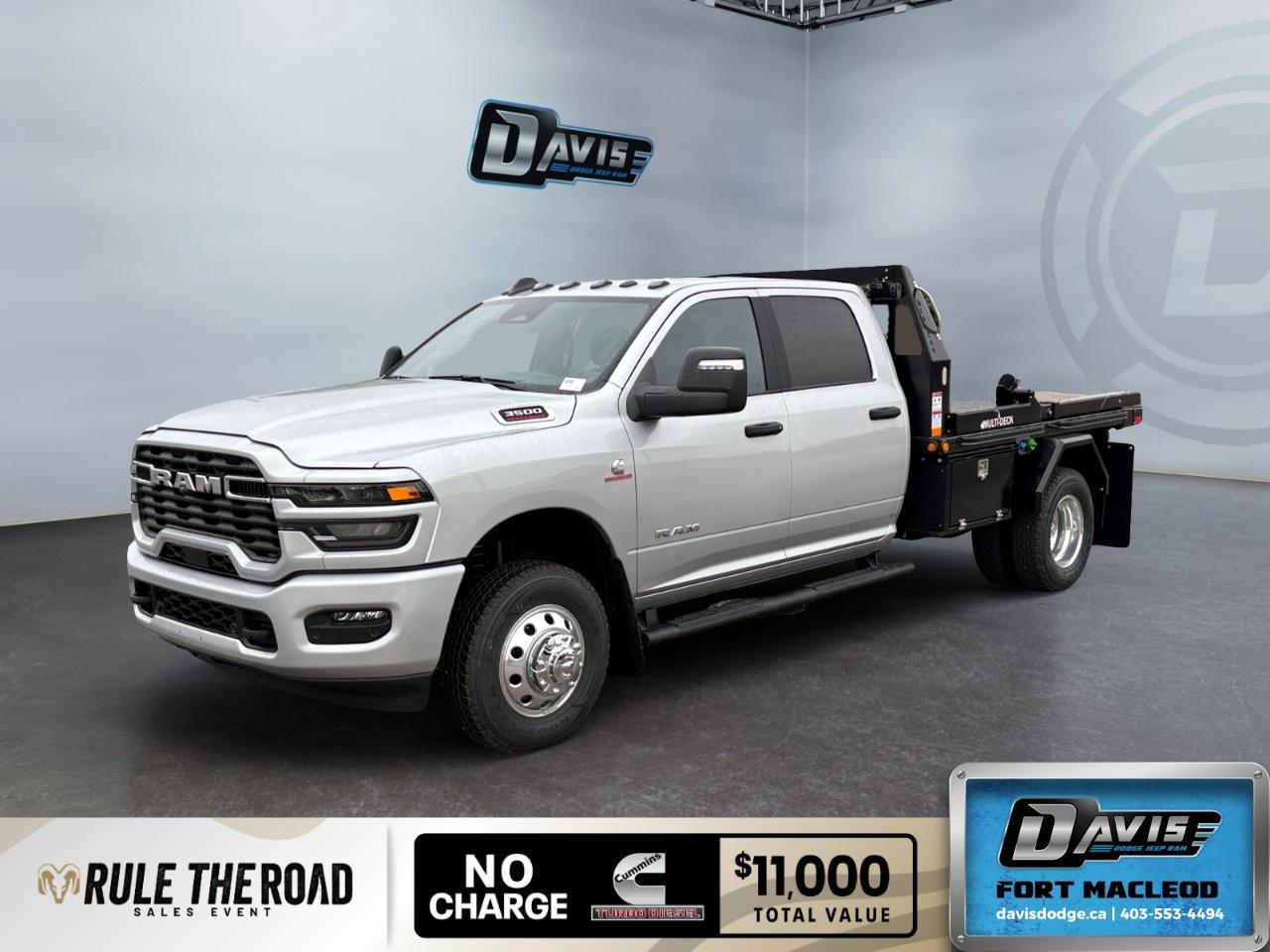 <p>Introducing the 2026 Ram 3500 Big Horn in a stunning silver finish, equipped with a powerful 4x4 drivetrain. This robust truck offers impressive handling for both tough terrains and casual drives.</p><p><strong>Exterior Features:</strong></p><ul><li>Eye-catching Silver Zynith color</li><li>Dual rear wheels featuring clearance lamps</li><li>17" x 6" polished aluminum wheels</li><li>LT235/80R17E off-road tires</li><li>Transfer case skid plate shield for added protection</li></ul><p><strong>Interior Features:</strong></p><ul><li>A roomy 4x4 Crew Cab with durable black interior</li><li>Convenient keyless entry with smart device integration</li><li>Power windows and air conditioning for comfort</li><li>Ample connectivity with a satellite radio and Wi-Fi hotspot</li></ul><p><strong>Technology & Safety Features:</strong></p><ul><li>Advanced backup camera for enhanced visibility</li><li>Parking sensors and brake assist for added safety</li><li>Innovative cruise control with adaptive capabilities</li><li>Brake assist and diesel exhaust brake for controlled driving</li></ul><p>This 2026 Ram 3500 Big Horn is perfect for individuals seeking rugged strength paired with modern conveniences. Ideal for those needing reliable towing or transport capacity, this truck features the exclusive 5th wheel/gooseneck towing prep group. Contact Davis Dodge Fort Macleod today to learn more and experience its capabilities firsthand!</p>