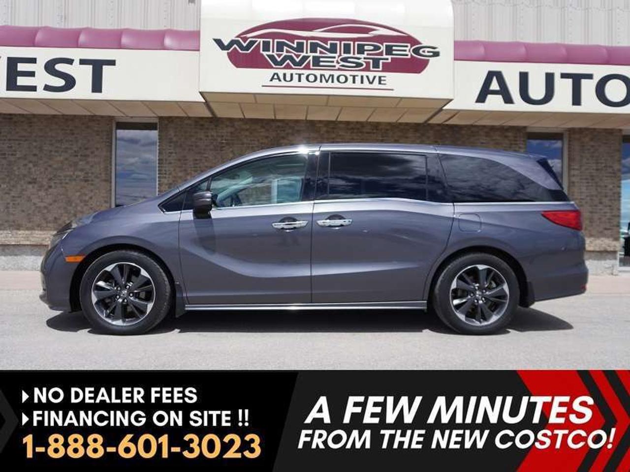 *** Dealer arranged financing on site! Quick, Simple,  no calls or waiting on bank appointments required!! Drive away today ***   NO ADMINISTRATION FEES!!**

2022 Honda Odyssey Touring** ****ONLY 145,000 KMS!!!!**** -- Navigation -- Leather Seating -- Power Sunroof -- Command Start  --  Rear Entertainment System -- Heated and ventilated Front Seats & Heated Steering Wheel -- Apple CarPlay & Android Auto -- Honda Sensing Safety Suite -- Power Sliding Doors -- Hands-Free Power Tailgate --  360 interior family camera  - -   Smooth, comfortable ride with seating for up to 8 passengers.

Finished in a sharp exterior color with a well-kept leather interior, this Odyssey Touring has been exceptionally maintained and comes with a clean history and **no accidents**. With its versatile seating configuration and spacious interior, its perfect for growing families, road trips, or anyone looking for the comfort of an SUV with the practicality of a van.

Offering tremendous value compared to buying new, this fully loaded Touring delivers premium features, Honda reliability, and plenty of life left at a fraction of the cost of a new model. A perfect combination of comfort, safety, and versatility.

**Features**

* 3.5L V6 Engine
* 10-Speed Automatic Transmission
* Navigation
* Two Tone Polished Alloy Wheels
* Power 10 way Seats
* Leather Seating
* Power Sunroof
* Rear Entertainment System
* Heated Front Seats
* Ventilated seats
* Heated Steering Wheel
* Apple CarPlay & Android Auto
* Adaptive Cruise Control
* Lane Keeping Assist
* Collision Mitigation Braking System
* Front & Rear Parking Sensors
* Power Sliding Side Doors
* Hands-Free Power Tailgate
* Tri-Zone Automatic Climate Control
* Seating for up to 8 Passengers
* Push Button Start
* Memory Seats
* Backup Camera

This accident-free Odyssey is clean, spacious, and ready for its next family adventure. Hondas reputation for reliability combined with the Touring package makes this an excellent value for anyone looking to maximize features without paying new vehicle prices.

Comes with a Manitoba Safety Certification, and we have many Extended Powertrain warranties available on your vehicle purchase up to 10-year coverage (on eligible vehicles see dealer for details). Financing on site with Zero down financing OAC. Trades accepted. View at Winnipeg West Automotive Group, 5195 Portage Ave. (only a couple of minutes past the new Costco) Dealer permit # 6007, Call now 1(888) 601-3023. This Car is located in Winnipeg Manitoba,  however we can have it shipped anywhere in North America relatively inexpensively.
