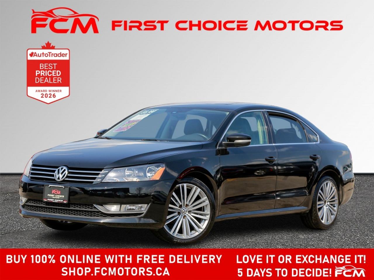 ** ** SPECIAL LIMITED TIME OFFER ** ** PURCHASE ANY VEHICLE THIS WEEK AND RECEIVE 4 BRAND-NEW ALL-SEASON TIRES AT NO ADDITIONAL COST!!! DON   T MISS THIS EXCLUSIVE CHANCE TO UPGRADE YOUR RIDE AND STAY PREPARED FOR ANY WEATHER!!! <br><br>EXCITING NEWS FROM FIRST CHOICE MOTORS! Our brand-new online showroom is now open to the public, bringing the ultimate car shopping experience right to your fingertips! Enjoy a 100% online car shopping experience, with over 500 certified vehicles in stock, comprehensive protection plans, and thousands of new auto parts & accessories available! Plus, for a limited time, were offering FREE deliveries across Ontario on all vehicle purchases! Dont miss out   visit Shop.fcmotors.ca to find and upgrade your perfect vehicle today!<br><br>Welcome to First Choice Motors, the largest car dealership in Toronto of pre-owned cars, SUVs, and vans priced between $5000-$15,000. With an impressive inventory of over 300 vehicles in stock, we are dedicated to providing our customers with a vast selection of affordable and reliable options. <br><br>Were thrilled to offer a used 2015 Volkswagen Passat COMFORTLINE, black color with 221,000km (STK#10099) This vehicle was $8990 NOW ON SALE FOR $7990. It is equipped with the following features:<br>- Automatic Transmission<br>- Leather Seats<br>- Sunroof<br>- Heated seats<br>- Bluetooth<br>- Reverse camera<br>- Alloy wheels<br>- Power windows<br>- Power locks<br>- Power mirrors<br>- Air Conditioning<br><br>At First Choice Motors, we believe in providing quality vehicles that our customers can depend on. All our vehicles come with a 36-day guarantee on all safety related items. We also offer additional warranty options up to 5 years for our customers who want extra peace of mind.<br><br>Furthermore, all our vehicles are sold fully certified with brand new brakes rotors and pads, a fresh oil change, and brand new set of all-season tires installed & balanced. You can be confident that this car is in excellent condition and ready to hit the road.<br><br>At First Choice Motors, we believe that everyone deserves a chance to own a reliable and affordable vehicle. Thats why we offer financing options with low interest rates starting at 7.9% O.A.C. Were proud to approve all customers, including those with bad credit, no credit, students, and even 9 socials. Our finance team is dedicated to finding the best financing option for you and making the car buying process as smooth and stress-free as possible.<br><br>Our dealership is open 7 days a week to provide you with the best customer service possible. We carry the largest selection of used vehicles for sale under $9990 in all of Ontario. We stock over 300 cars, mostly Hyundai, Chevrolet, Mazda, Honda, Volkswagen, Toyota, Ford, Dodge, Kia, Mitsubishi, Acura, Lexus, and more. With our ongoing sale, you can find your dream car at a price you can afford. Come visit us today and experience why we are the best choice for your next used car purchase!<br><br>All prices include $22.00 OMVIC Fee.  Excludes, license plates, ownership registration and ONTARIO HST (13%)<br>*No Credit Card payments can be accepted for Vehicle Purchases*