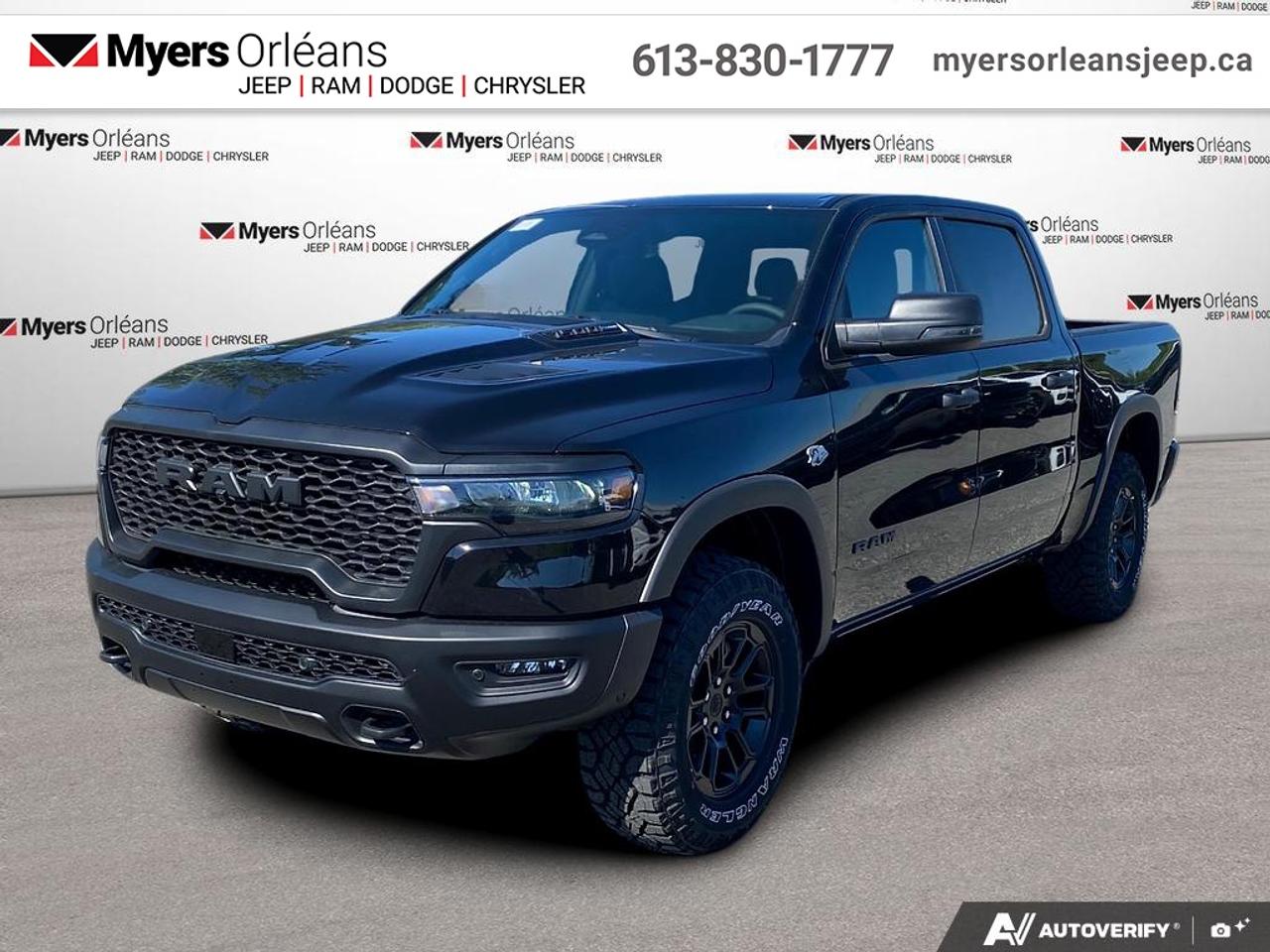 <b>Off-Road Suspension,  Navigation,  Apple CarPlay,  Android Auto,  360 Camera!</b><br> <br> Experience the perfect balance of power and luxury in the 2026 Ram 1500, built to handle every job with style.<br> <br>The Ram 1500s unmatched luxury transcends traditional pickups without compromising its capability. Loaded with best-in-class features, its easy to see why the Ram 1500 is so popular. With the most towing and hauling capability in a Ram 1500, as well as improved efficiency and exceptional capability, this truck has the grit to take on any task.<br> <br>This Diamond Black Crystal Pearl Crew Cab 4X4 pickup has an Automatic transmission and is powered by a 395HP 5.7L 8 Cylinder Engine. <br> <br> Our 1500s trim level is Rebel. This Ram 1500 in the Rebel trim offers off-roading suspension with Bilstein dampers, and rewards you with a leather-wrapped heated steering wheel, a 360 camera system, a 10-speaker Alpine audio, and a 12-inch infotainment screen with inbuilt navigation, Apple CarPlay and Android Auto, and 4G LTE Wi-Fi hotspot. Additional features include class IV towing equipment, black off-road wheels with black fender flares, power adjustable pedals, intersection collision assist, evasion assist, lane keep assist with lane departure warning, and even more! This vehicle has been upgraded with the following features: Off-Road Suspension, Navigation, Apple CarPlay, Android Auto, 360 Camera, Heated Steering Wheel, Adaptive Cruise Control.<br><br> View the original window sticker for this vehicle with this url <b><a href=http://www.chrysler.com/hostd/windowsticker/getWindowStickerPdf.do?vin=1C6SRFLTXTN390546 target=_blank>http://www.chrysler.com/hostd/windowsticker/getWindowStickerPdf.do?vin=1C6SRFLTXTN390546</a></b>.<br> <br>To apply right now for financing use this link: <a href=https://www.myersorleansjeep.ca/apply-for-financing/ target=_blank>https://www.myersorleansjeep.ca/apply-for-financing/</a><br> <br/>Total rebate of $8250 is reflected in the price. 5.29% financing for 96 months. <br> Buy this vehicle now for the lowest weekly payment of <b>$227.80</b> with $0 down for 96 months @ 5.29% APR O.A.C. ( Plus applicable taxes - **Rebates may not be applicable on all purchase types [cash, lease, or finance]. Eligibility and conditions may vary. Please see dealer for full details and confirmation of eligibility. / Total Obligation of $94766 ). Incentives expire 2026-06-30. See dealer for details. <br><br>The road to new driving experiences begins in our inventory, where youll find an incredible array of brand-new cars, trucks, minivans, and SUVs, including two of our bestselling models, the Dodge Ram 1500 and the Dodge Grand Caravan. If you want to know what the cutting edge of automotive technology looks like, all you have to do is visit Myers Orleans Jeep! Each model comes loaded with the convenient features and cool technology that help make every trip memorable. Looking for additional everyday luxury at a price thats incredibly wallet-friendly? Choose from our selection of quality pre-owned models! If you can think of a road, our friendly and knowledgeable sales team will help you find the perfect vehicle to drive it.<br><br>We may be a well-established dealership thats been part of the community for many years, but that doesnt mean were stuck in the past! At Myers Orleans Jeep, were proud to provide a fresh, modern approach to car buying. Using our array of online tools, you can browse our extensive inventory, schedule a service appointment, order parts, and even apply for credit from wherever youve got a connection. Our goal is to create relationships that will last, and we know that the best way to do this is by providing a dealership experience thats based on honesty, transparency, trust, and a commitment to customers. Stop by today and discover all the ways we go above and beyond for you.<br><br> Come by and check out our fleet of 40+ used cars and trucks and 70+ new cars and trucks for sale in Orleans.  o~o