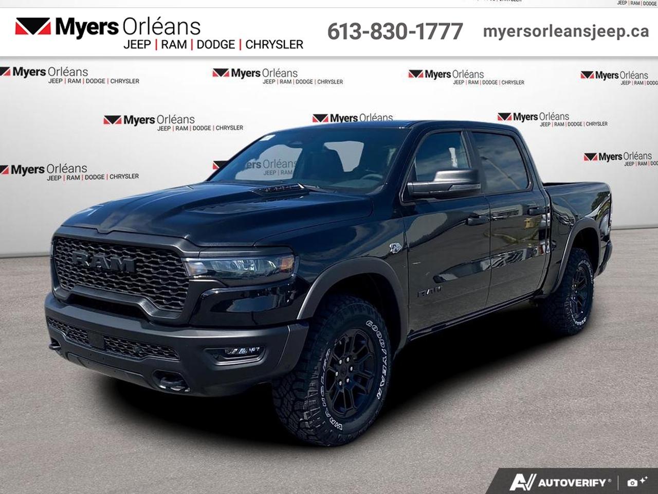 <b>Off-Road Suspension,  Navigation,  Apple CarPlay,  Android Auto,  360 Camera!</b><br> <br> The 2026 Ram 1500 redefines strength and sophistication with advanced tech, premium comfort, and unstoppable capability.<br> <br>The Ram 1500s unmatched luxury transcends traditional pickups without compromising its capability. Loaded with best-in-class features, its easy to see why the Ram 1500 is so popular. With the most towing and hauling capability in a Ram 1500, as well as improved efficiency and exceptional capability, this truck has the grit to take on any task.<br> <br>This Diamond Black Crystal Pearl Crew Cab 4X4 pickup has an Automatic transmission and is powered by a 395HP 5.7L 8 Cylinder Engine. <br> <br> Our 1500s trim level is Rebel. This Ram 1500 in the Rebel trim offers off-roading suspension with Bilstein dampers, and rewards you with a leather-wrapped heated steering wheel, a 360 camera system, a 10-speaker Alpine audio, and a 12-inch infotainment screen with inbuilt navigation, Apple CarPlay and Android Auto, and 4G LTE Wi-Fi hotspot. Additional features include class IV towing equipment, black off-road wheels with black fender flares, power adjustable pedals, intersection collision assist, evasion assist, lane keep assist with lane departure warning, and even more! This vehicle has been upgraded with the following features: Off-Road Suspension, Navigation, Apple CarPlay, Android Auto, 360 Camera, Heated Steering Wheel, Adaptive Cruise Control.<br><br> View the original window sticker for this vehicle with this url <b><a href=http://www.chrysler.com/hostd/windowsticker/getWindowStickerPdf.do?vin=1C6SRFLTXTN390546 target=_blank>http://www.chrysler.com/hostd/windowsticker/getWindowStickerPdf.do?vin=1C6SRFLTXTN390546</a></b>.<br> <br>To apply right now for financing use this link: <a href=https://www.myersorleansjeep.ca/apply-for-financing/ target=_blank>https://www.myersorleansjeep.ca/apply-for-financing/</a><br> <br/>Total rebate of $8250 is reflected in the price. 5.29% financing for 96 months. <br> Buy this vehicle now for the lowest weekly payment of <b>$230.16</b> with $0 down for 96 months @ 5.29% APR O.A.C. ( Plus applicable taxes - **Rebates may not be applicable on all purchase types [cash, lease, or finance]. Eligibility and conditions may vary. Please see dealer for full details and confirmation of eligibility. / Total Obligation of $95748 ). Incentives expire 2026-08-31. See dealer for details. <br><br>The road to new driving experiences begins in our inventory, where youll find an incredible array of brand-new cars, trucks, minivans, and SUVs, including two of our bestselling models, the Dodge Ram 1500 and the Dodge Grand Caravan. If you want to know what the cutting edge of automotive technology looks like, all you have to do is visit Myers Orleans Jeep! Each model comes loaded with the convenient features and cool technology that help make every trip memorable. Looking for additional everyday luxury at a price thats incredibly wallet-friendly? Choose from our selection of quality pre-owned models! If you can think of a road, our friendly and knowledgeable sales team will help you find the perfect vehicle to drive it.<br><br>We may be a well-established dealership thats been part of the community for many years, but that doesnt mean were stuck in the past! At Myers Orleans Jeep, were proud to provide a fresh, modern approach to car buying. Using our array of online tools, you can browse our extensive inventory, schedule a service appointment, order parts, and even apply for credit from wherever youve got a connection. Our goal is to create relationships that will last, and we know that the best way to do this is by providing a dealership experience thats based on honesty, transparency, trust, and a commitment to customers. Stop by today and discover all the ways we go above and beyond for you.<br><br> Come by and check out our fleet of 30+ used cars and trucks and 70+ new cars and trucks for sale in Orleans.  o~o