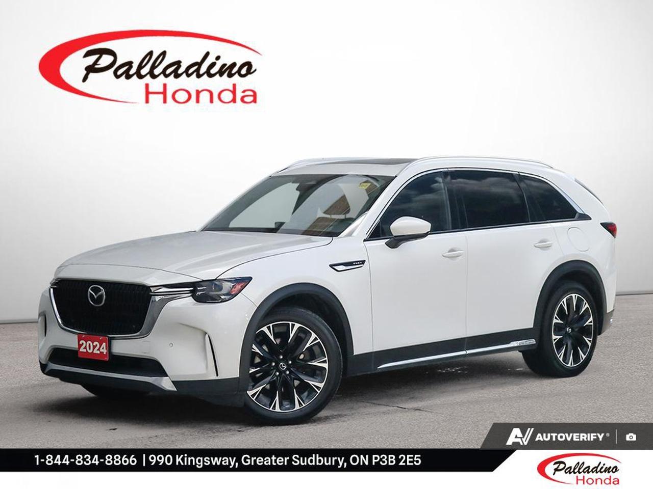 // ACCIDENT FREE!! //

Drive with confidence in this 2024 Mazda CX-90 PHEV GT, offered by Palladino Honda in Greater Sudbury. CARFAX Canada reports no accident, giving you added peace of mind. With its White exterior, plug-in hybrid powertrain, and all-wheel drive capability, this used SUV blends premium comfort, efficient performance, and three-row versatility for busy Canadian families.

The 2024 Mazda CX-90 PHEV GT stands out with a 2.5L e-SKYACTIV PHEV I4 DOHC 16-valve engine, paired with an 8-speed automatic transmission with manual mode. This setup delivers smooth power delivery and the flexibility to enjoy electric-assisted driving in daily use. With 101,118 km on the odometer, this SUV has already proven its road-ready character.

FEATURES OF THE CX-90 PHEV GT

»» Plug-in hybrid power for daily efficiency
»» Standard all-wheel drive for year-round traction
»» Three-row SUV with premium grand touring focus
»» Eight-speed automatic with manual shift mode

ADVANCED SAFETY FEATURES

»» All-wheel drive supports secure road handling
»» Strong body structure helps protect occupants
»» Advanced driver support features are well known
»» Rear visibility support aids daily manoeuvres

PERFORMANCE AND EFFICIENCY

»» 2.5-litre plug-in hybrid four-cylinder engine
»» Eight-speed automatic delivers smooth shifting
»» Manual shift mode adds driver engagement
»» Electric-assisted driving helps reduce fuel use

COMFORT AND CONVENIENCE

»» Three-row layout supports family flexibility
»» Spacious cabin suits daily commuting needs
»» Easy entry supports active family life
»» Refined ride quality adds long-trip comfort

TECHNOLOGY AND CONNECTIVITY

»» Modern driver displays support clear information
»» User-friendly controls simplify everyday operation
»» Connectivity features support life on the go
»» Plug-in hybrid system tracks energy flow

CARGO SPACE

»» Versatile rear storage for family gear
»» Split-folding space supports larger cargo
»» Room for groceries and travel bags
»» SUV design helps loading everyday items

AWARDS & RECOGNITIONS

»» 2024 Top Safety Pick, Insurance Institute for Highway Safety

WHAT OTHER OWNERS LIKE

»» Smooth plug-in hybrid power delivery
»» Confident all-wheel drive in all seasons
»» Quiet cabin and comfortable highway ride
»» Practical three-row space for families

This 2024 Mazda CX-90 PHEV GT offers a smart balance of efficiency, utility, and upscale design. It is a great fit for drivers who want plug-in hybrid capability without giving up SUV space and year-round confidence. The White exterior adds a clean, refined look that suits the CX-90 PHEV GT very well.

At Palladino Honda in Greater Sudbury, this used 2024 Mazda CX-90 PHEV GT is ready for its next owner. If you want a family-focused SUV with advanced electrified engineering, responsive automatic performance, and the confidence of CARFAX Canada no-accident reporting, this vehicle deserves a closer look.

This 2024 Mazda CX-90 PHEV GTs VIN is: JM3KKDHA9R1106551.

The advertised price is for financing only and applies exclusively to vehicles eligible for financing. Vehicles sold as-is are not eligible for financing and require full payment at purchase. All cash purchases of finance-eligible vehicles will be subject to an additional $2,501.00. This advertised price also does not include taxes and licensing fees. For as-is vehicles: the motor vehicle sold under this contract is being sold as-is and is not represented as being in road worthy condition, mechanically sound or maintained at any guaranteed level of quality.<p> and three-row versatility for busy Canadian families.

The 2024 Mazda CX-90 PHEV GT stands out with a 2.5L e-SKYACTIV PHEV I4 DOHC 16-valve engine</p>
<p> paired with an 8-speed automatic transmission with manual mode. This setup delivers smooth power delivery and the flexibility to enjoy electric-assisted driving in daily use. With 101</p>
<p> this SUV has already proven its road-ready character.

FEATURES OF THE CX-90 PHEV GT

»» Plug-in hybrid power for daily efficiency
»» Standard all-wheel drive for year-round traction
»» Three-row SUV with premium grand touring focus
»» Eight-speed automatic with manual shift mode

ADVANCED SAFETY FEATURES

»» All-wheel drive supports secure road handling
»» Strong body structure helps protect occupants
»» Advanced driver support features are well known
»» Rear visibility support aids daily manoeuvres

PERFORMANCE AND EFFICIENCY

»» 2.5-litre plug-in hybrid four-cylinder engine
»» Eight-speed automatic delivers smooth shifting
»» Manual shift mode adds driver engagement
»» Electric-assisted driving helps reduce fuel use

COMFORT AND CONVENIENCE

»» Three-row layout supports family flexibility
»» Spacious cabin suits daily commuting needs
»» Easy entry supports active family life
»» Refined ride quality adds long-trip comfort

TECHNOLOGY AND CONNECTIVITY

»» Modern driver displays support clear information
»» User-friendly controls simplify everyday operation
»» Connectivity features support life on the go
»» Plug-in hybrid system tracks energy flow

CARGO SPACE

»» Versatile rear storage for family gear
»» Split-folding space supports larger cargo
»» Room for groceries and travel bags
»» SUV design helps loading everyday items

AWARDS & RECOGNITIONS

»» 2024 Top Safety Pick</p>
<p> Insurance Institute for Highway Safety

WHAT OTHER OWNERS LIKE

»» Smooth plug-in hybrid power delivery
»» Confident all-wheel drive in all seasons
»» Quiet cabin and comfortable highway ride
»» Practical three-row space for families

This 2024 Mazda CX-90 PHEV GT offers a smart balance of efficiency</p>
<p> and upscale design. It is a great fit for drivers who want plug-in hybrid capability without giving up SUV space and year-round confidence. The White exterior adds a clean</p>
<p> this used 2024 Mazda CX-90 PHEV GT is ready for its next owner. If you want a family-focused SUV with advanced electrified engineering</p>
<p> this vehicle deserves a closer look.

This 2024 Mazda CX-90 PHEV GTs VIN is: JM3KKDHA9R1106551.

The advertised price is for financing only and applies exclusively to vehicles eligible for financing. Vehicles sold as-is are not eligible for financing and require full payment at purchase. All cash purchases of finance-eligible vehicles will be subject to an additional $2</p>
<p>501.00. This advertised price also does not include taxes and licensing fees. For as-is vehicles: the motor vehicle sold under this contract is being sold as-is and is not represented as being in road worthy condition</p>