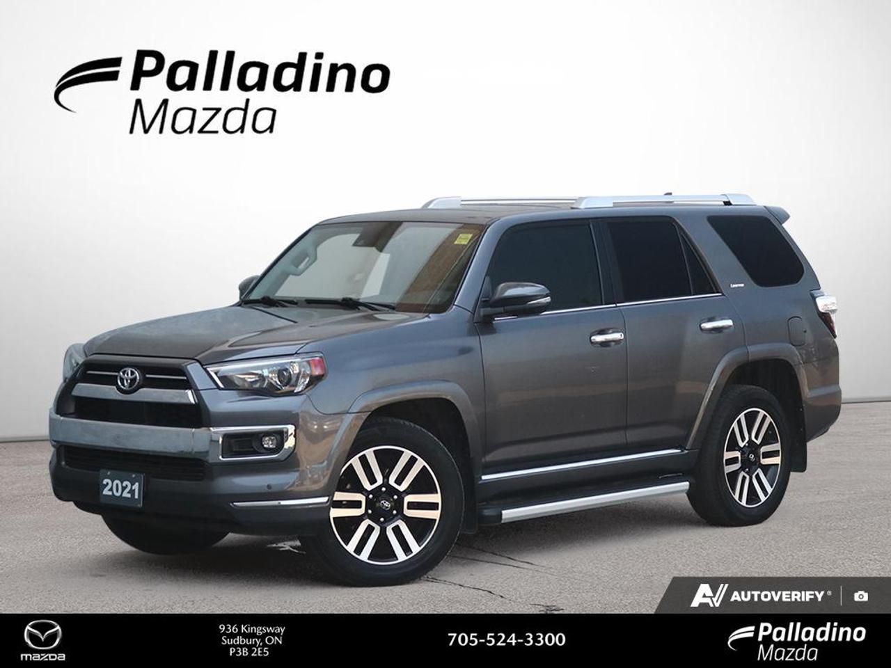 The 2021 Toyota 4Runner Base is a rugged SUV built for drivers who want proven durability and real four-wheel-drive capability. Finished in Grey and offered by Palladino Mazda in Greater Sudbury, this used 4Runner has 118,000 km and a clean CARFAX Canada report with no accidents.

FEATURES OF THE 4Runner Base

»» Body-on-frame SUV with proven toughness
»» Full-time utility for daily driving
»» 4.0-litre V6 power and durability
»» Four-wheel drive for added confidence

ADVANCED SAFETY FEATURES

»» Toyota Safety Sense P driver aids
»» Pre-collision system with pedestrian detection
»» Lane departure alert for awareness
»» Eight airbags for occupant protection

PERFORMANCE AND EFFICIENCY

»» 4.0-litre DOHC V6 engine power
»» Five-speed automatic transmission shifts smoothly
»» Four-wheel drive for year-round traction
»» Strong low-end torque for versatility

COMFORT AND CONVENIENCE

»» Spacious cabin with practical layout
»» Air conditioning for everyday comfort
»» Power windows and door locks
»» Ample visibility from upright seating

TECHNOLOGY AND CONNECTIVITY

»» Touchscreen infotainment with easy controls
»» Apple CarPlay compatibility for convenience
»» Android Auto support for smartphone access
»» Bluetooth hands-free calling and audio

CARGO SPACE

»» Large rear cargo area available
»» Split-folding rear seats add flexibility
»» Wide opening helps load gear
»» Cabin storage supports daily essentials

AWARDS & RECOGNITIONS

»» Best Resale Value Award, Canadian Black Book, 2021
»» Lowest Cost to Own, Vincentric, 2021

WHAT OTHER OWNERS LIKE

»» Strong V6 performance and durability
»» Confident four-wheel-drive capability year-round
»» Practical cargo room for travel
»» Comfortable ride with solid visibility

This 2021 Toyota 4Runner Base stands out with its traditional SUV design and dependable engineering. Its 4.0-litre DOHC V6 VVT-i engine delivers the kind of smooth, confident performance many drivers want for commuting, highway travel, and weekend escapes. The five-speed automatic transmission keeps operation simple and familiar.

With four-wheel drive, this 2021 Toyota 4Runner Base is well suited to Northern Ontario roads, changing weather, and rougher terrain. Its sturdy construction and elevated driving position help inspire confidence behind the wheel, whether you are heading through city streets in Greater Sudbury or venturing farther from pavement.

Inside, the 2021 Toyota 4Runner Base offers a straightforward cabin designed for function and ease of use. The layout is simple, controls are easy to reach, and there is plenty of room for passengers and gear. This is an SUV made for people who value practicality, durability, and everyday usefulness.

Technology is also a key part of the experience in this 2021 Toyota 4Runner Base. Smartphone integration through Apple CarPlay and Android Auto helps keep navigation, calls, and music close at hand. Bluetooth connectivity adds convenience for hands-free communication and wireless audio streaming on the go.

For drivers shopping at Palladino Mazda, this Grey 4Runner is an appealing choice if you need a capable used SUV with a no-accident CARFAX Canada history. It blends toughness, proven V6 performance, useful technology, and flexible cargo space in one dependable package.

This 2021 Toyota 4Runner Bases VIN is: JTEKU5JR3M5922211 .

The advertised price is for financing only and applies exclusively to vehicles eligible for financing. Vehicles sold as-is are not eligible for financing and require full payment at purchase. All cash purchases of finance-eligible vehicles will be subject to an additional $2,501.00. This advertised price also does not include taxes and licensing fees. For as-is vehicles: the motor vehicle sold under this contract is being sold as-is and is not represented as being in road worthy condition, mechanically sound or maintained at any guaranteed level of quality.<p>The 2021 Toyota 4Runner Base is a rugged SUV built for drivers who want proven durability and real four-wheel-drive capability. Finished in Grey and offered by Palladino Mazda in Greater Sudbury</p>
<p>000 km and a clean CARFAX Canada report with no accidents.

FEATURES OF THE 4Runner Base

»» Body-on-frame SUV with proven toughness
»» Full-time utility for daily driving
»» 4.0-litre V6 power and durability
»» Four-wheel drive for added confidence

ADVANCED SAFETY FEATURES

»» Toyota Safety Sense P driver aids
»» Pre-collision system with pedestrian detection
»» Lane departure alert for awareness
»» Eight airbags for occupant protection

PERFORMANCE AND EFFICIENCY

»» 4.0-litre DOHC V6 engine power
»» Five-speed automatic transmission shifts smoothly
»» Four-wheel drive for year-round traction
»» Strong low-end torque for versatility

COMFORT AND CONVENIENCE

»» Spacious cabin with practical layout
»» Air conditioning for everyday comfort
»» Power windows and door locks
»» Ample visibility from upright seating

TECHNOLOGY AND CONNECTIVITY

»» Touchscreen infotainment with easy controls
»» Apple CarPlay compatibility for convenience
»» Android Auto support for smartphone access
»» Bluetooth hands-free calling and audio

CARGO SPACE

»» Large rear cargo area available
»» Split-folding rear seats add flexibility
»» Wide opening helps load gear
»» Cabin storage supports daily essentials

AWARDS & RECOGNITIONS

»» Best Resale Value Award</p>
<p> 2021

WHAT OTHER OWNERS LIKE

»» Strong V6 performance and durability
»» Confident four-wheel-drive capability year-round
»» Practical cargo room for travel
»» Comfortable ride with solid visibility

This 2021 Toyota 4Runner Base stands out with its traditional SUV design and dependable engineering. Its 4.0-litre DOHC V6 VVT-i engine delivers the kind of smooth</p>
<p> and weekend escapes. The five-speed automatic transmission keeps operation simple and familiar.

With four-wheel drive</p>
<p> and rougher terrain. Its sturdy construction and elevated driving position help inspire confidence behind the wheel</p>
<p> whether you are heading through city streets in Greater Sudbury or venturing farther from pavement.

Inside</p>
<p> the 2021 Toyota 4Runner Base offers a straightforward cabin designed for function and ease of use. The layout is simple</p>
<p> and there is plenty of room for passengers and gear. This is an SUV made for people who value practicality</p>
<p> and everyday usefulness.

Technology is also a key part of the experience in this 2021 Toyota 4Runner Base. Smartphone integration through Apple CarPlay and Android Auto helps keep navigation</p>
<p> and music close at hand. Bluetooth connectivity adds convenience for hands-free communication and wireless audio streaming on the go.

For drivers shopping at Palladino Mazda</p>
<p> this Grey 4Runner is an appealing choice if you need a capable used SUV with a no-accident CARFAX Canada history. It blends toughness</p>
<p> and flexible cargo space in one dependable package.

This 2021 Toyota 4Runner Bases VIN is: JTEKU5JR3M5922211 .

The advertised price is for financing only and applies exclusively to vehicles eligible for financing. Vehicles sold as-is are not eligible for financing and require full payment at purchase. All cash purchases of finance-eligible vehicles will be subject to an additional $2</p>
<p>501.00. This advertised price also does not include taxes and licensing fees. For as-is vehicles: the motor vehicle sold under this contract is being sold as-is and is not represented as being in road worthy condition</p>