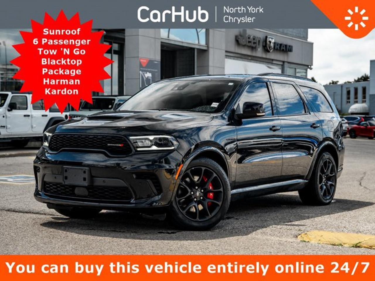 <p> This Dodge Durango boasts a Regular Unleaded V-8 5.7 L/345 engine powering this Automatic transmission. WHEELS: 20 X 10 LIGHTS OUT ALUMINUM, TRANSMISSION: 8-SPEED TORQUEFLITE AUTOMATIC  (STD), TOW N GO GROUP  -inc: Tires: 295/45ZR20 BSW AS, 4 & 7-Pin Wiring Harness, Red Brembo Brakes w/SRT Performance Pads, High Performance Suspension, Wheels: 20 x 10 Hyper Black Aluminum, Adaptive Damping, Automatic Headlamp Levelling System, Performance-Tuned Steering, Pirelli Brand Tires, High Performance Exhaust, LED Auxiliary Low Beam w/Turn Signal, Trailer Brake Control, Active Noise Control System, 260 KM/H Primary Speedometer, Electronic Limited Slip Differential Rear Axle, Run-Flat Tires, 233 km/h Maximum Speed Calibration, Sport/Track/Tow/Snow Drive Modes, Delete Spare Tire, Class IV Hitch Receiver, Body-Colour Upper/Lower Rear Fascia, Blind Spot w/Trailer Detection, Quadra-Trac Active-on-Demand 4x4. <p>This Dodge Durango Comes Equipped with These Options <br /> QUICK ORDER PACKAGE 22U R/T PLUS  -inc: Engine: 5.7L HEMI VVT V8 w/FuelSaver MDS, Transmission: 8-Speed TorqueFlite Automatic, Dinamica Suede Headliner, 4 & 7-Pin Wiring Harness, Integrated Roof Rail Crossbars, LED Auxiliary Low Beam w/Turn Signal, Power Sunroof, Auto-Dimming Exterior Driver Mirror, Dual Remote USB Charging Ports, Trailer Brake Control, Second-Row Heated Seats, 825-Watt Amplifier, Black Roof Rails, Class IV Hitch Receiver, Blind Spot w/Trailer Detection, Floor Console w/Leather Armrest, Power Multi-Function Manual Folding Mirrors, Power Tilt/Telescoping Steering Column, Advanced Brake Assist, Exterior Mirrors w/Turn Signals, Power 8-Way Adjustable Front Seats w/Driver Memory, Front Ventilated Seats, Premium Instrument Panel, Forward Collision Warning/Active Braking, Bright Cargo Area Scuff Pads, 19-Amped harman/kardon Speakers w/Subwoofer, Automatic High-Beam Headlamp Control, 115V Auxiliary Power Outlet - Centre Console, Exterior Mirrors w/Memory Settings, Adaptive Cr, BLACKTOP PACKAGE  -inc: Tires: 265/50R20 Performance AS, Integrated Roof Rail Crossbars, Satin Black Dodge Tail Lamp Badge, Black Roof Rails, Pirelli Brand Tires, Gloss Black Badges , TIRES: 295/45ZR20 BSW AS, ENGINE: 5.7L HEMI VVT V8 W/FUELSAVER MDS  (STD), EBONY RED/BLACK, NAPPA LEATHER-FACED BUCKET SEATS, DB BLACK, 2ND-ROW FOLD/TUMBLE CAPTAIN CHAIRS  -inc: 2nd-Row Mini Console w/Cup Holders, 2nd-Row Seat-Mounted Armrests, 6-Passenger Seating, 3rd-Row Floor Mat & Mini Console, Voice Activated Dual Zone Front Automatic Air Conditioning, Valet Function, Urethane Gear Shifter Material. </p> <p>Drive Happy with CarHub<br>*** All-inclusive, upfront prices -- no haggling, negotiations, pressure, or games*** Purchase or lease a vehicle and receive a $1000 CarHub Rewards card for service.  *** Purchase this vehicle fully online on CarHub websites</p> <p>Transparency Statement<br>USED VEHICLES:Online prices and payments are for finance purchases  please note there is a $850 safety certification fee. if not Certified, then as per OMVIC Regulations the vehicle is deemed to be not drivable and Not Certified. Cash purchases for used vehicles have a $2,350 surcharge which includes the safety certification (the finance price + $2,350).NEW VEHICLES:New financed vehicles are subject to an $ 850 Processing Fee. New cars priced at over $100,000 including add-ons or accessories are subject to the additional federal luxury tax.While every effort is taken to avoid errors, technical or human error can occur, so please confirm vehicle features, options, materials, and other specs with your CarHub representative. This can easily be done by calling us or by visiting us at the dealership. CarHub used vehicles come standard with 1 key. If we receive more than one key from the previous owner, we include them with the vehicle. Additional keys may be purchased at the time of sale. Ask your Product Advisor for more details. Payments are only estimates derived from a standard term/rate on approved credit. Terms, rates and payments may vary. Prices, rates and payments are subject to change without notice. Please see our website for more details.</p>